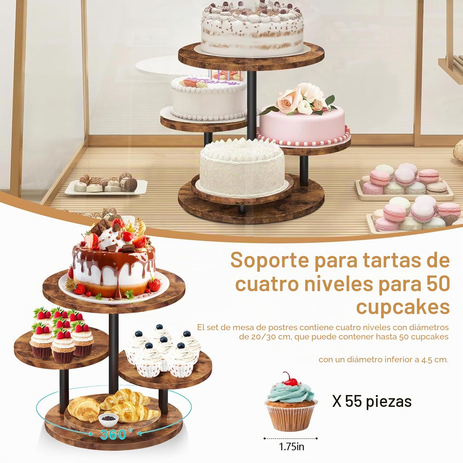 Soporte Para Cupcakes De 4 Niveles De Madera, Bandejas Escalonadas Con Diseño Giratorio De 360° Ideal Para 50 Magdalenas Tartas Donas Y Frutas DecoracióN Para Bodas Navidad Y Fiestas