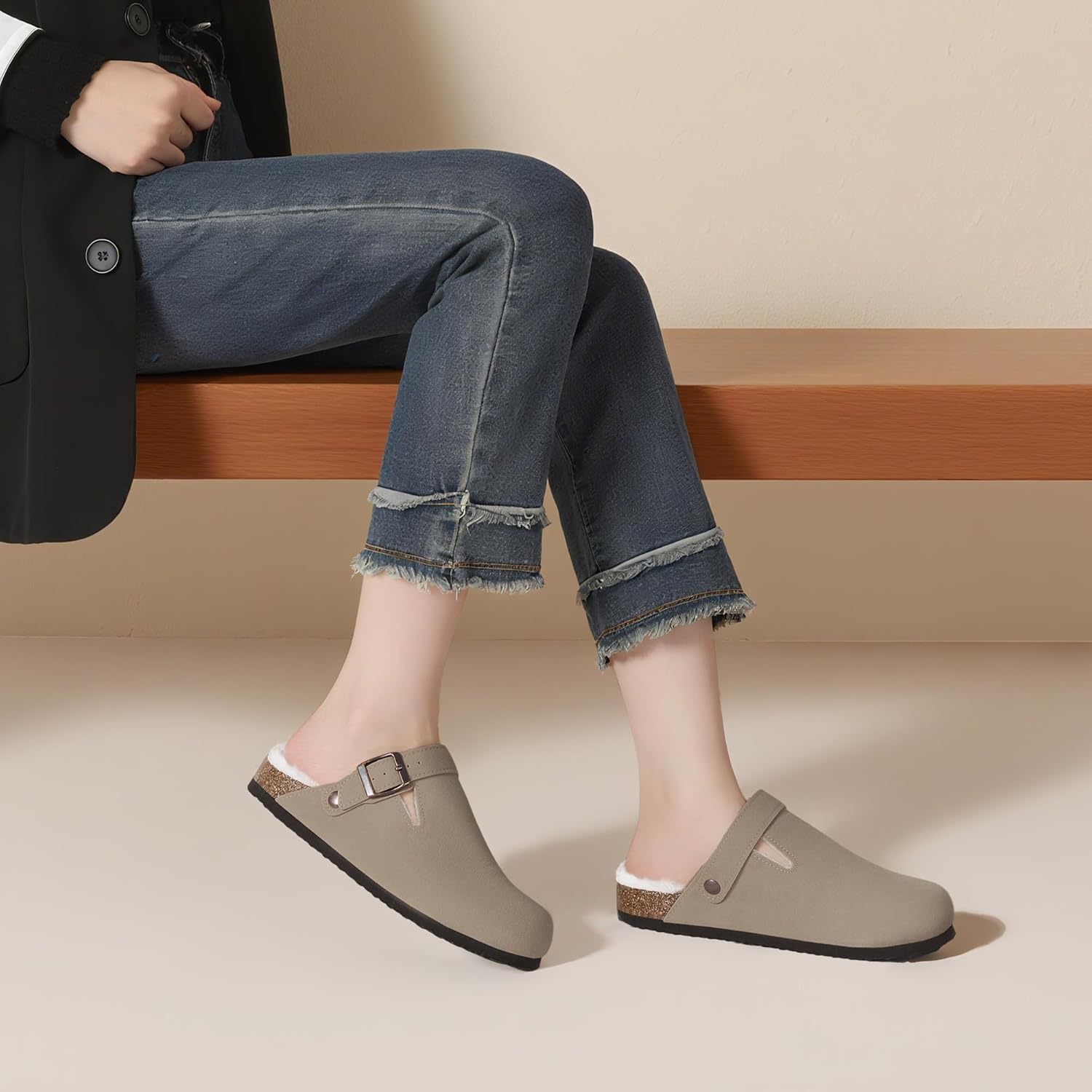 Suede Clogs for Women Leather Mules Adjustable Buckle with Comfort Cork Footbed and Arch Support - Image 3