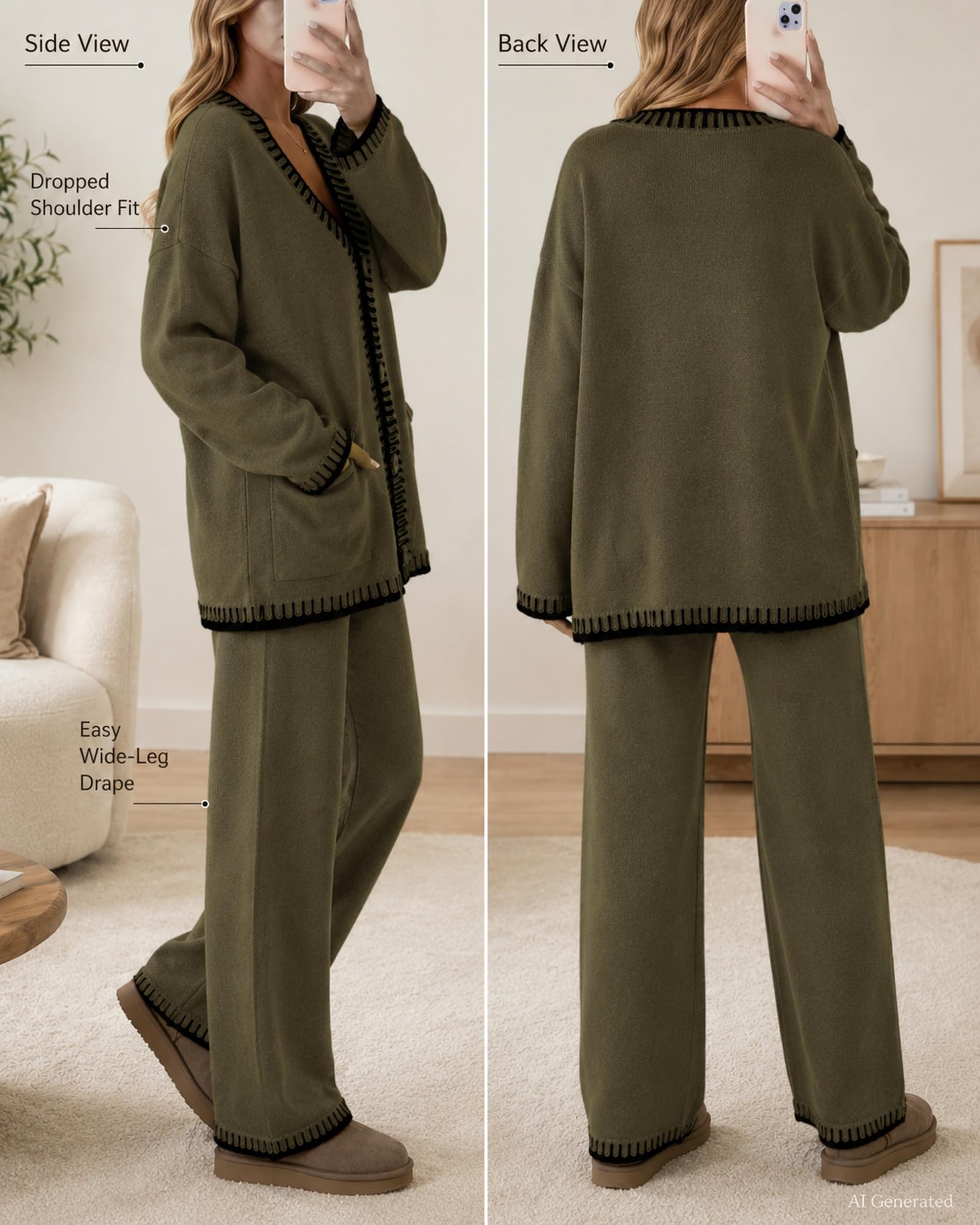 Women Two Piece Knit Set Button Front Cardigan And Matching Pants