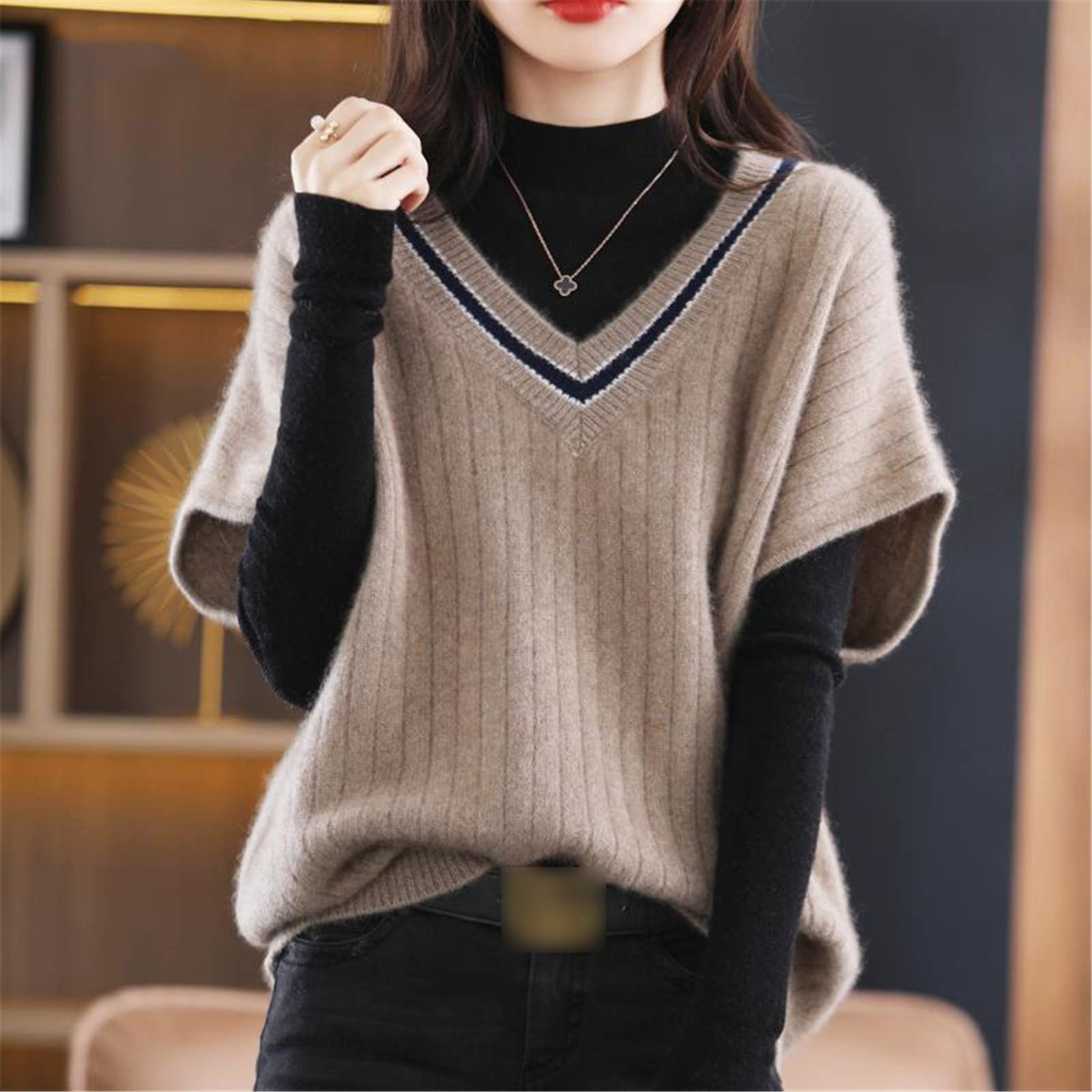 Elegancka dzianinowa kamizelka sweterkowa damska popularna na wszystkie mecze koreański styl uliczny jesienny swobodny luźny sweter (Khaki XXL)