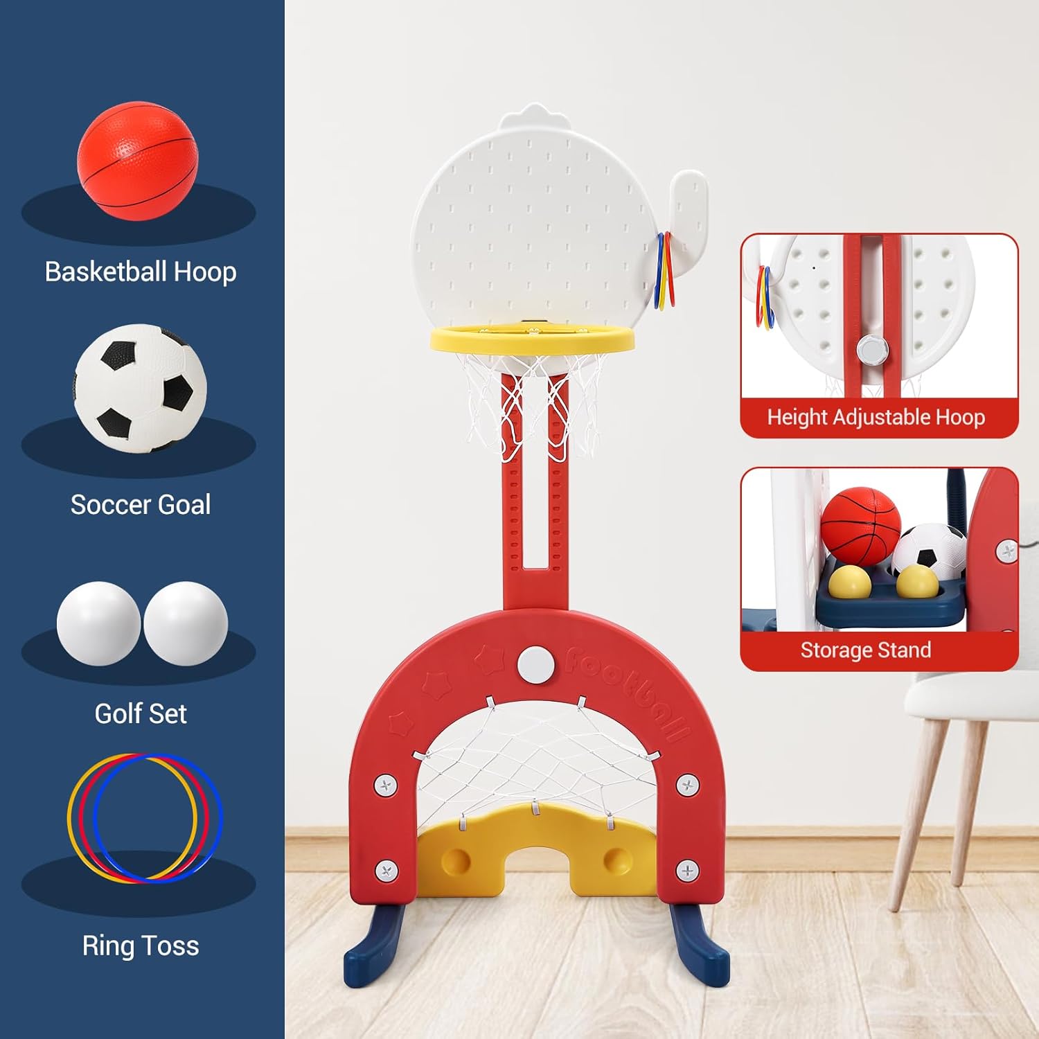 IDEALHOUSE 7' Toddler Slide and Swing Set, 76.4' Long Kids Slide Climber for Toddlers Age 1-3, Indoor/Outdoor Playset with Adjustable Swing and Basketball Hoop, Soccer Golf & Ring Toss Game