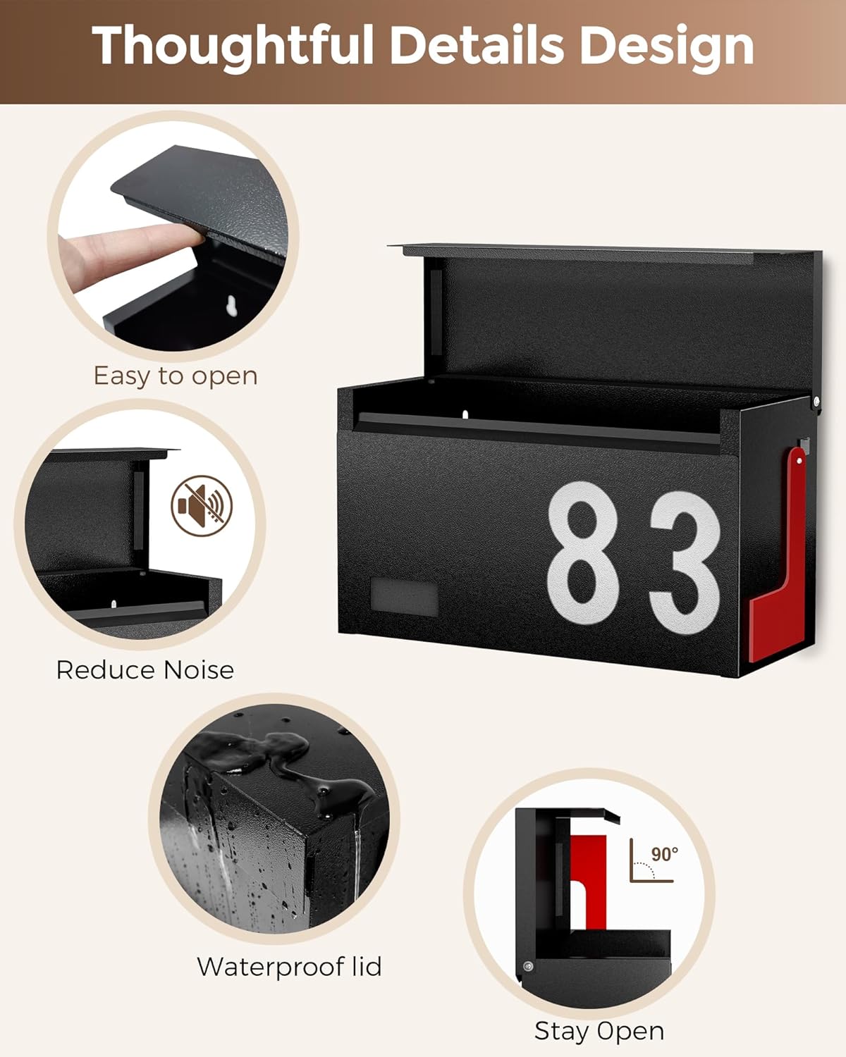 Modern Mailboxes for Outside, Metal Wall Mount Mailbox, with One Flag Kit and Three Sets of Mailbox Number Stickers, 3.9" D×13" W×7.1" H, Rust Resistant Coating Mail Boxes for House, Black AMB06B