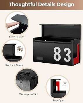 Modern Mailboxes for Outside, Metal Wall Mount Mailbox, with One Flag Kit and Three Sets of Mailbox Number Stickers, 3.9 D13 W7.1 H, Rust Resistant Coating Mail Boxes for House, Black AMB06B