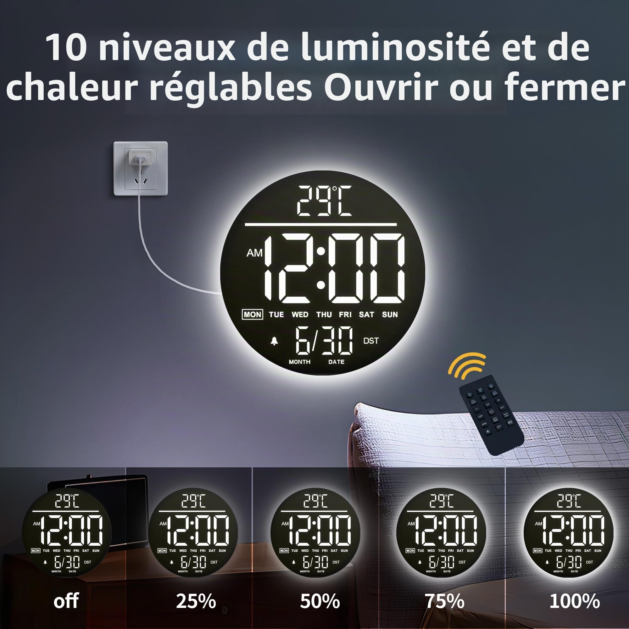 Horloge Murale Numérique 10" avec Veilleuse, Alarme, Télécommande, 11 Couleurs RGB, Luminosité Auto, Température, Date et Jour, Horloge Murale LED Électrique Moderne pour Chambre et Salon