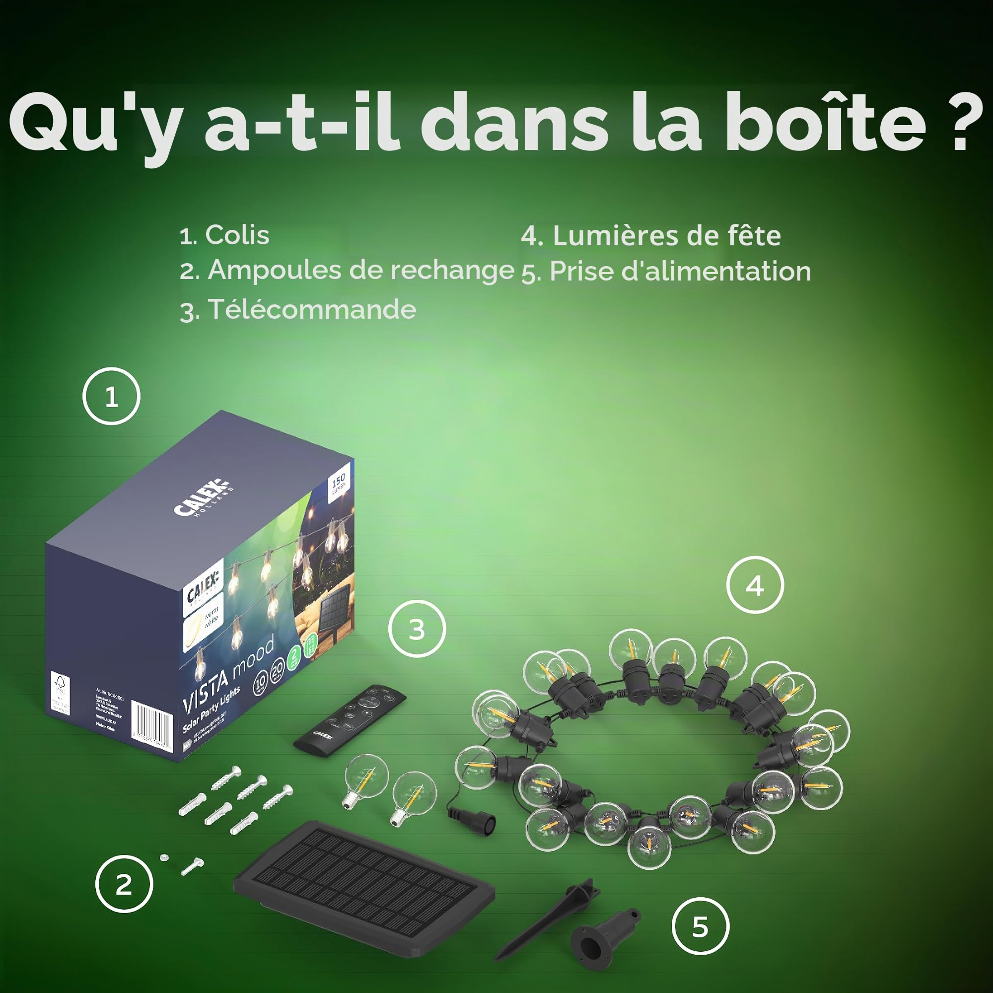 CALEX Vista Guirlande Solaire 10 m/33 pi, Éclairage LED de Jardin, 20 Ampoules, Guirlande Étanche IP44, Éclairage Chaleureux, Télécommande Incluse
