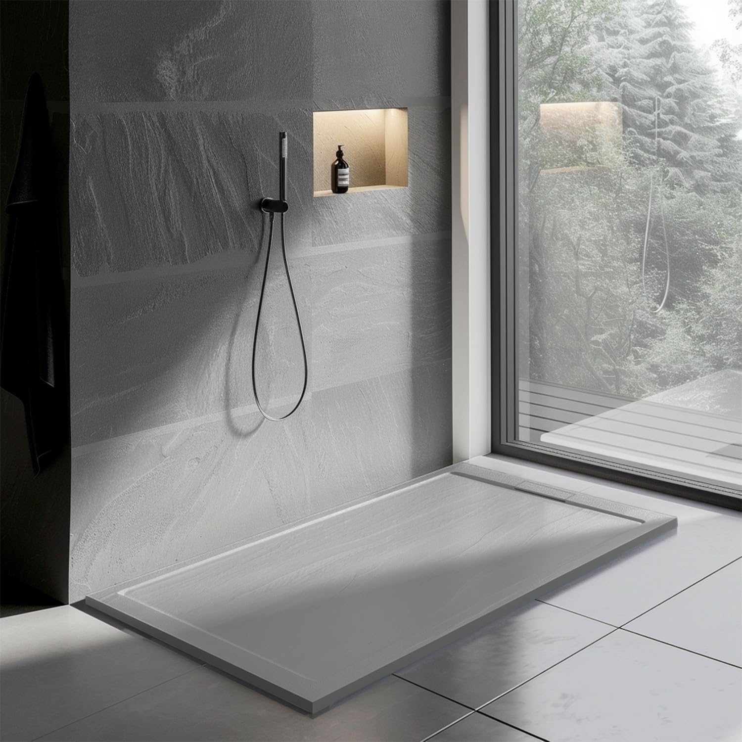 Go Bathrooms Grey Slate Effect Shower Tray 1500 X 700 Mm Rectangular Shower Base With Hidden Waste, Anti-Bacterial Surface–Low Profile Shower Tray For Enclosures