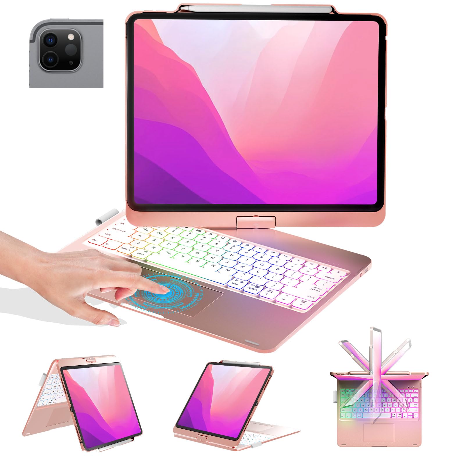 BABG Keyboard Case for iPad Air 13 inch,Compatible with iPad Pro 13 inch M4 2024&iPad 12.9 inch 6th/5th /4th/3rd Gen,Mulit-Toupad,360° Rotatable,Rainbow Backlits,Wireless,Pencil Charging-Pink