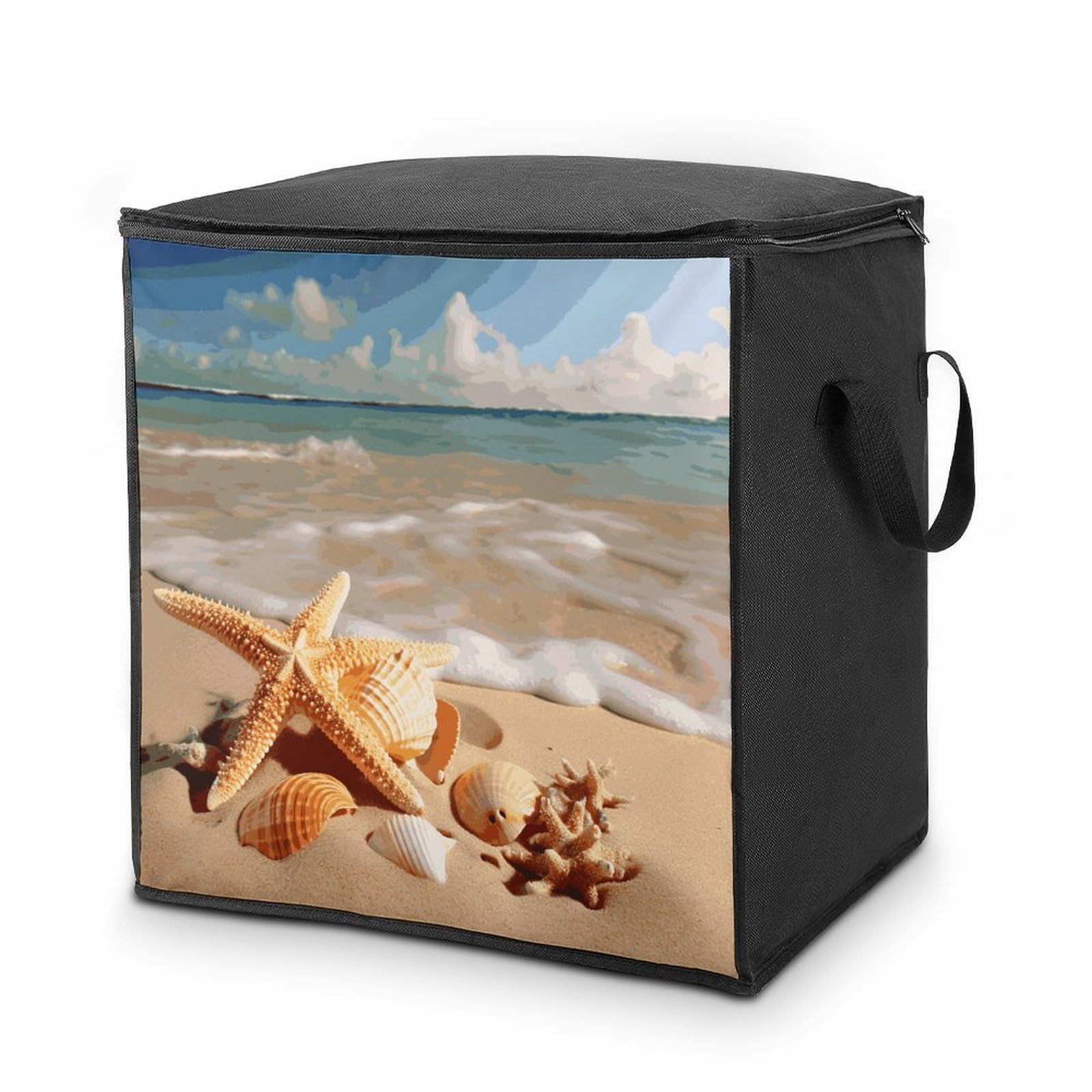 Seashells Starfish on Beach Storage Bag with Zippers And Handle Extra Large Bedding Comforter Storage Bag Foldable Blanket Storage Bags Fabric Moving Bags for Closet Organizer (70L)