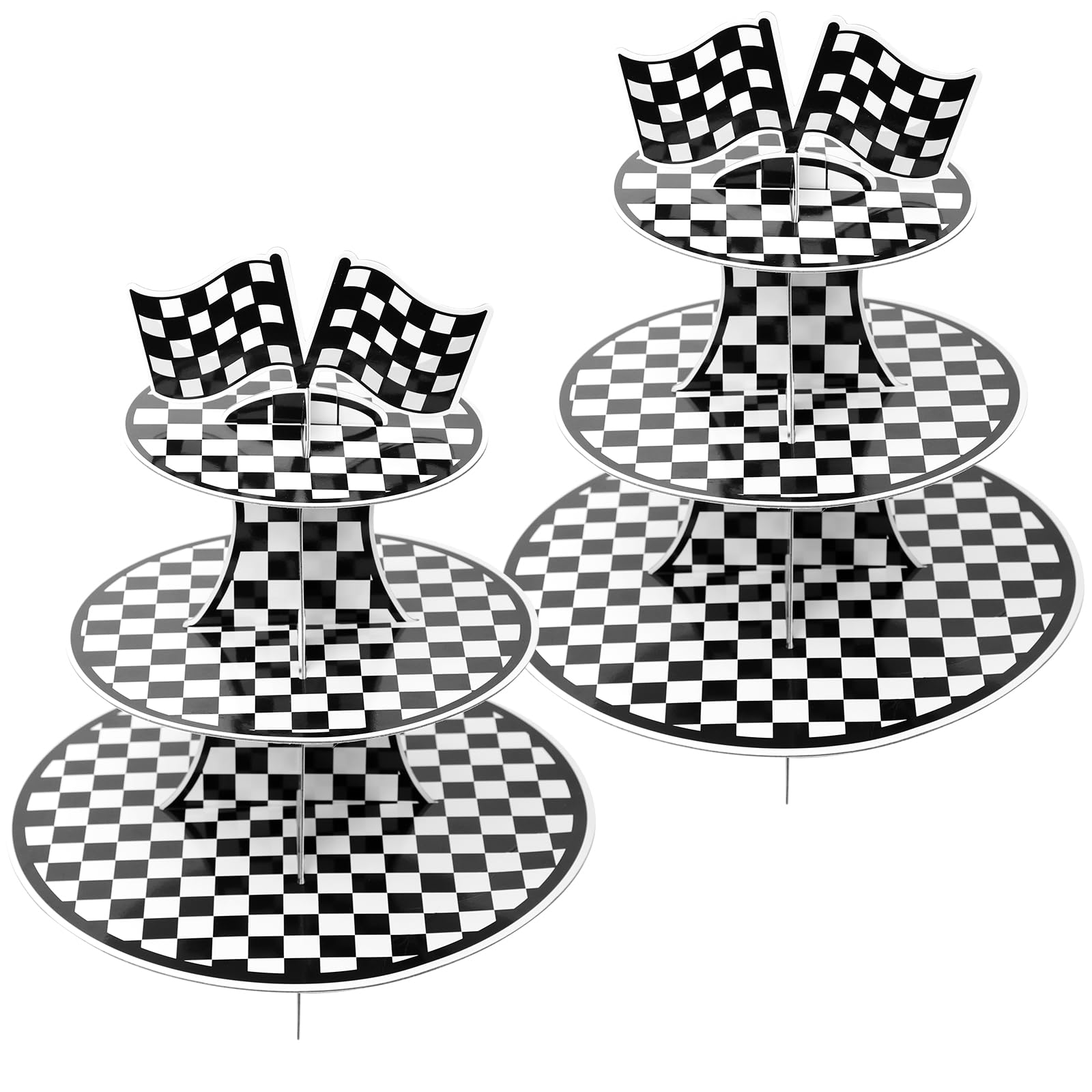 PEUTIER 2pz Decorazioni per Feste di Compleanno Auto, Supporto per Cupcake 3 Livelli per 48 Cupcake con Bandiera Scacchi in Bianco e Nero Forniture per Feste a Tema Auto per Ragazzi Uomini