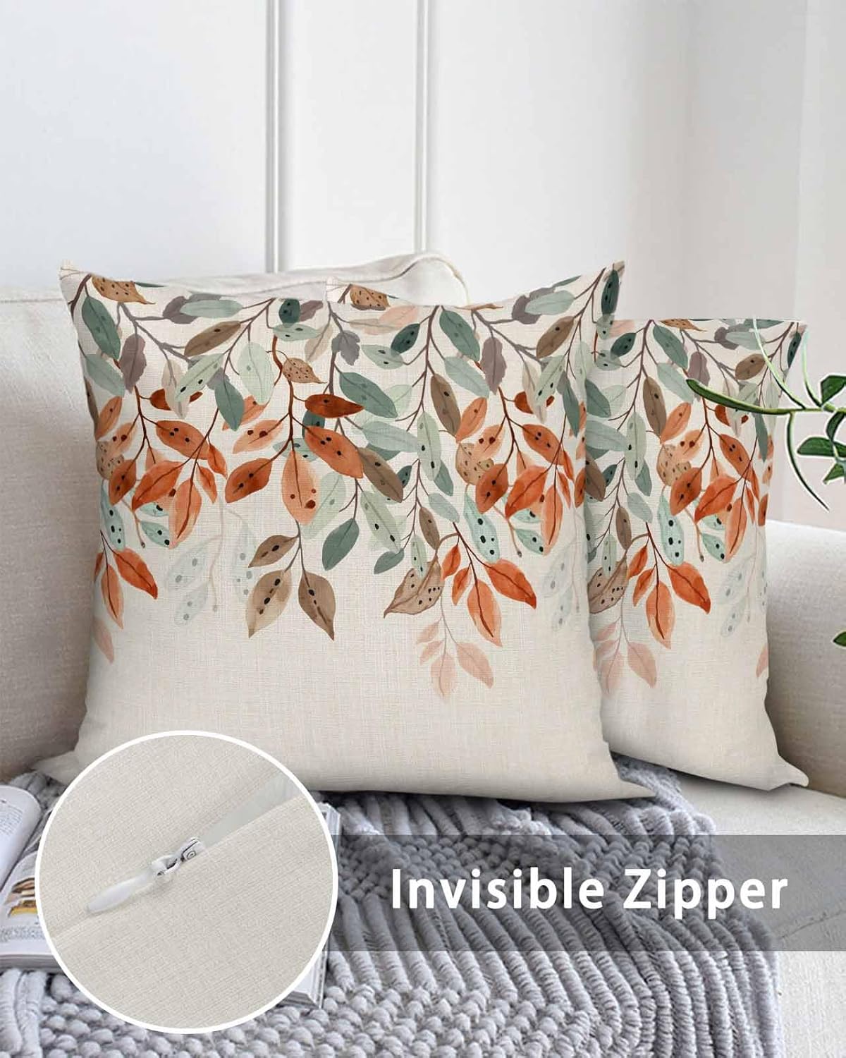 Outdoor Pillows Waterproof, Vintage Leaves Throw Pillows with Inserts Included, Summer Botanical Pastoral Watercolor Rustic Indoor Outdoor Decorative Lumbar Pillow for Bed/Couch/Patio 18"x18", 2Pcs
