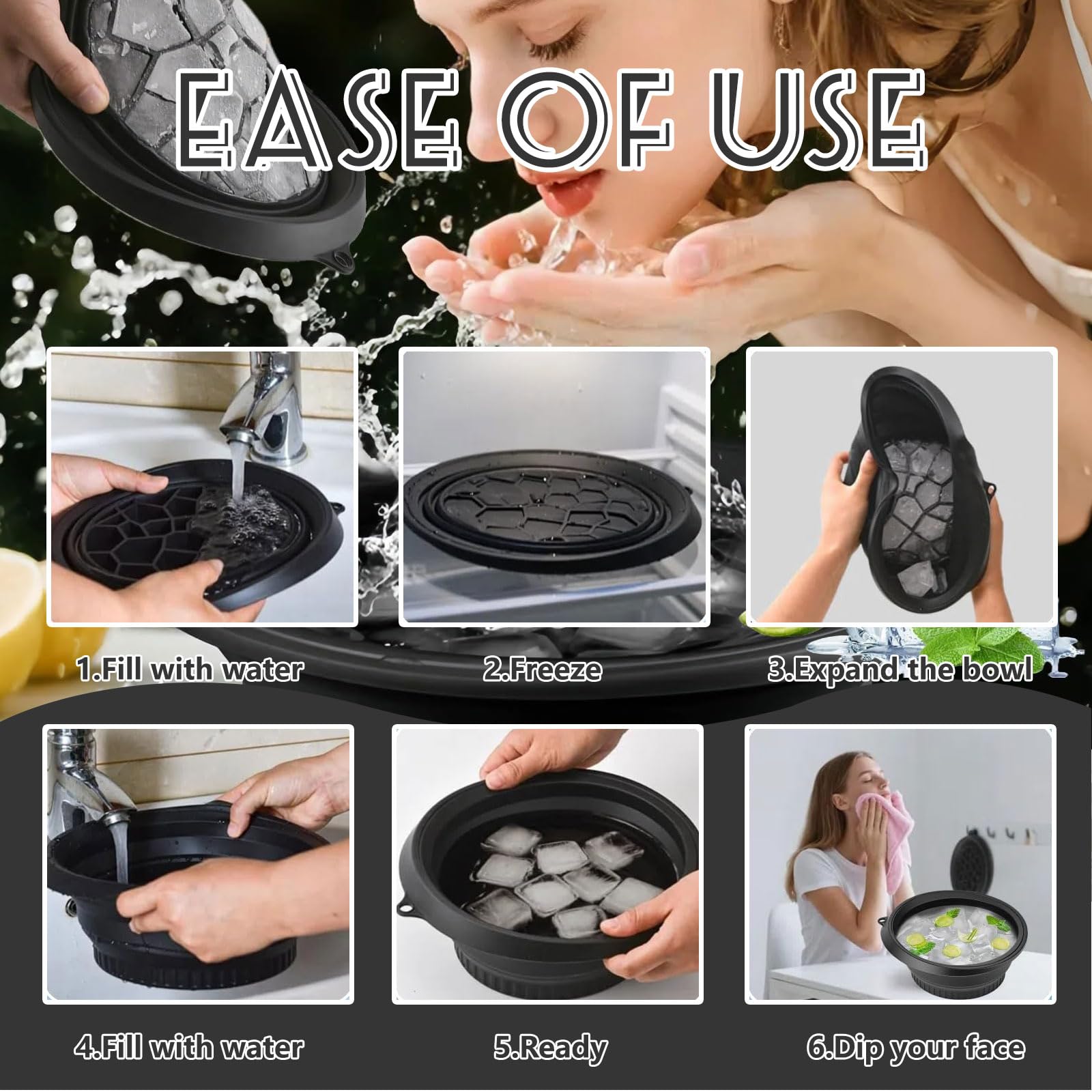 Bol pour Glace avec Compartiment à Glace intégré, Silicone Pliable, Bol de plongée pour Le Visage pour raffermir la Peau et soulager l'acné (Noir)
