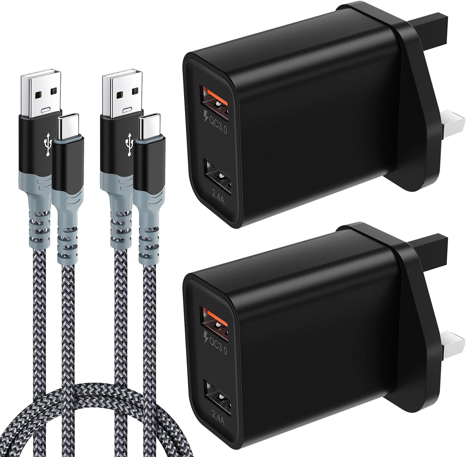 Abetcabe 2 Pack USB Plug Charger, Total 30W Quick 3.0 Fast Charger UK (QC 18W+2.4A 12W) with 6FT Type C Cable, Dual Compatible Samsung Galaxy S22 S21, Huawei,Sony, Google, LG (Black)