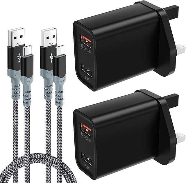 2 Pack USB Plug Charger, Total 30W Quick 3.0 Fast Charger Plug UK [QC 18W+2.4A 12W] with 6FT USB Type C Cable, Dual USB Charger Compatible with Samsung Galaxy S22 S21, Huawei,Sony, Google, LG (Black)