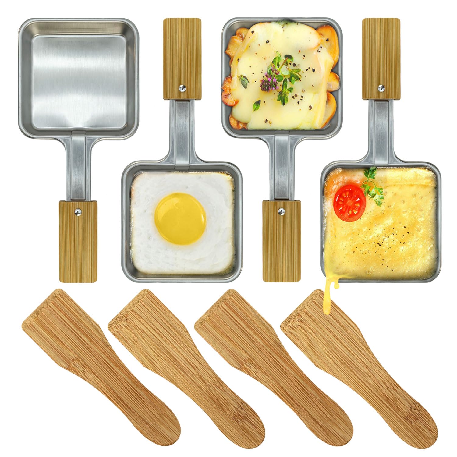 Lot de 4 mini poêles à raclette en acier inoxydable de forme carrée sans revêtement avec poignée en bambou