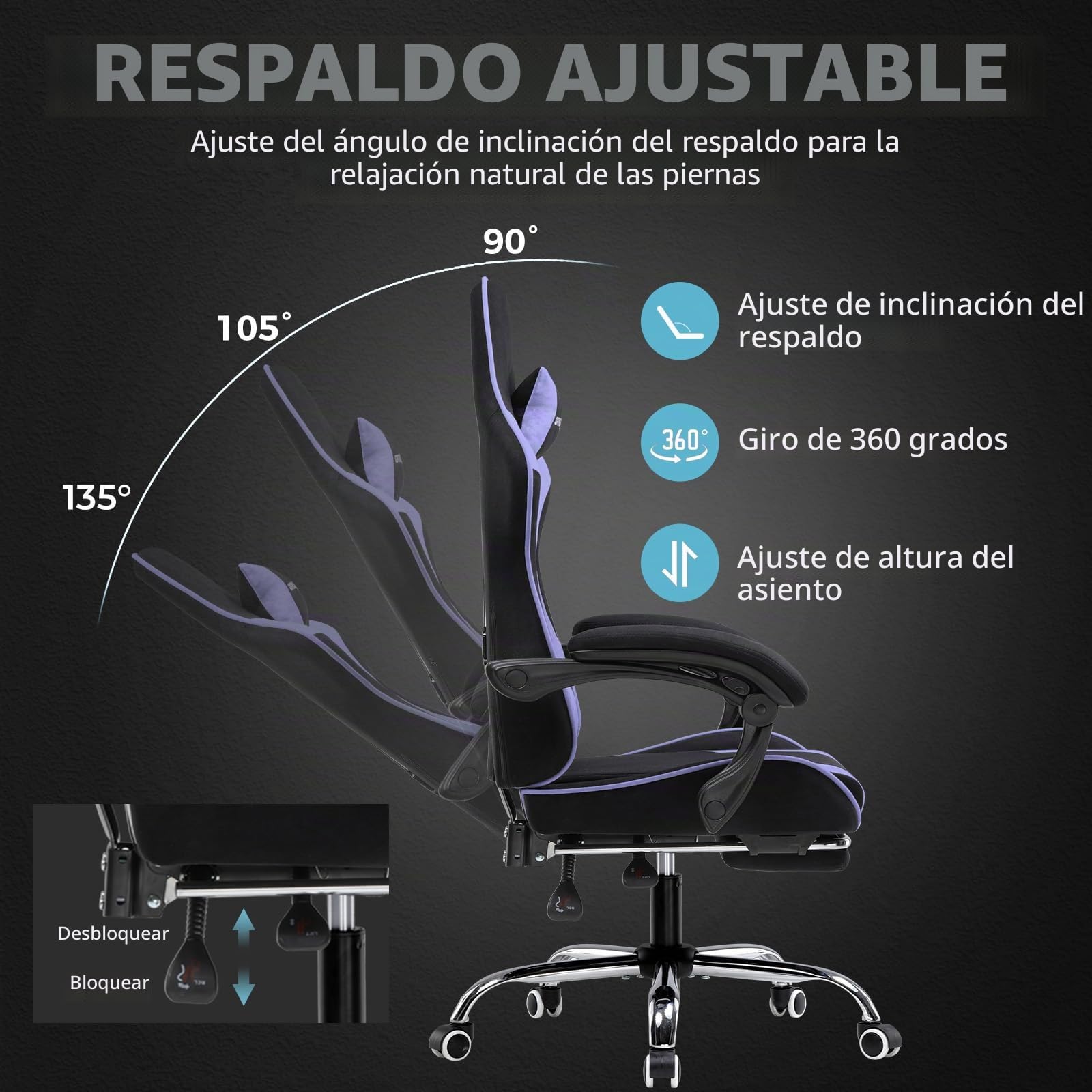 GTPLAYER Silla para Videojuegos, Silla de Oficina, Silla ergonómica para PC, sillón de Gaming con Soporte Lumbar de Masaje, sillas de tareas con reposapiés y reposacabezas, Tela Morada