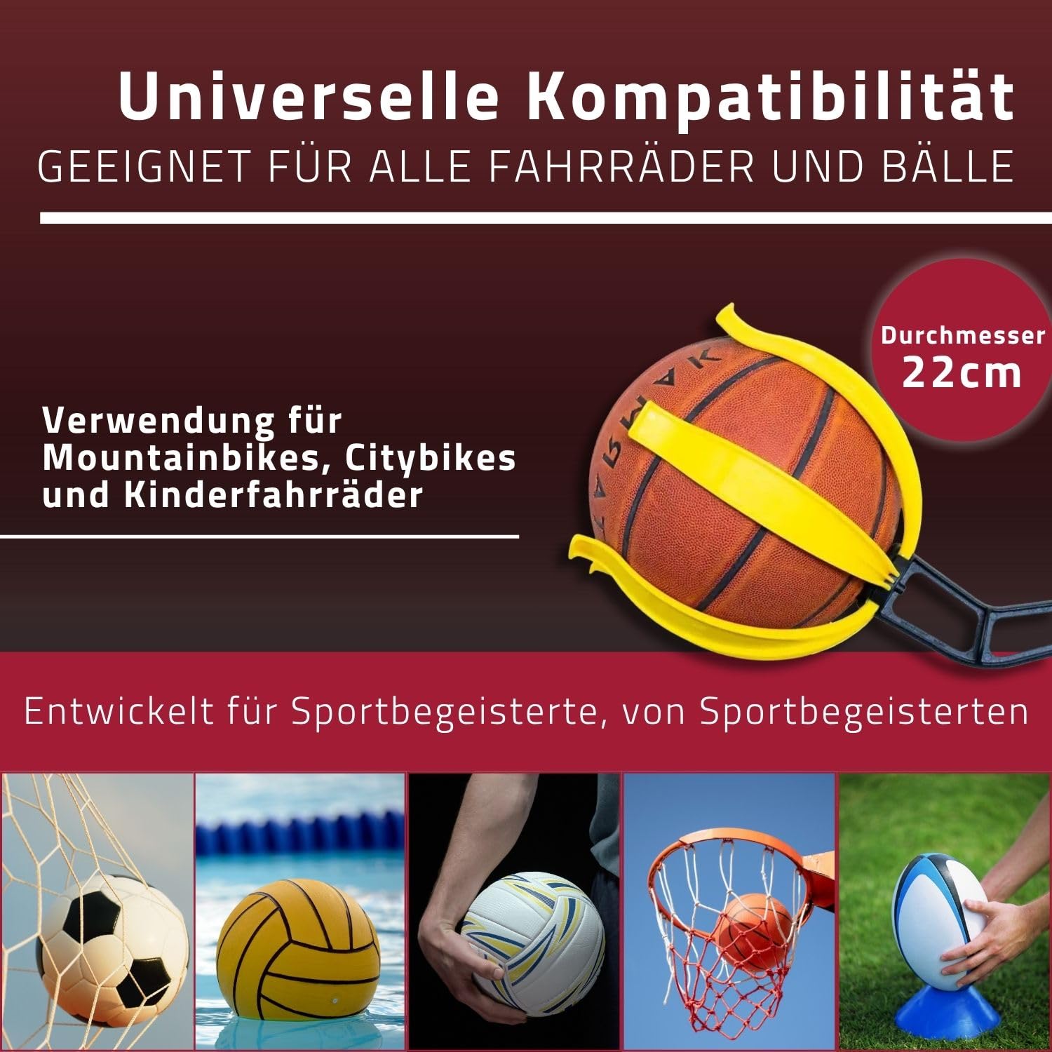 Fahrrad-Ballhalter, Kindersicherheitsgerät für Kinder und Jugendliche, einfache Anbringung, geeignet für Fußball, Volleyball, Basketball, Rugby Ball