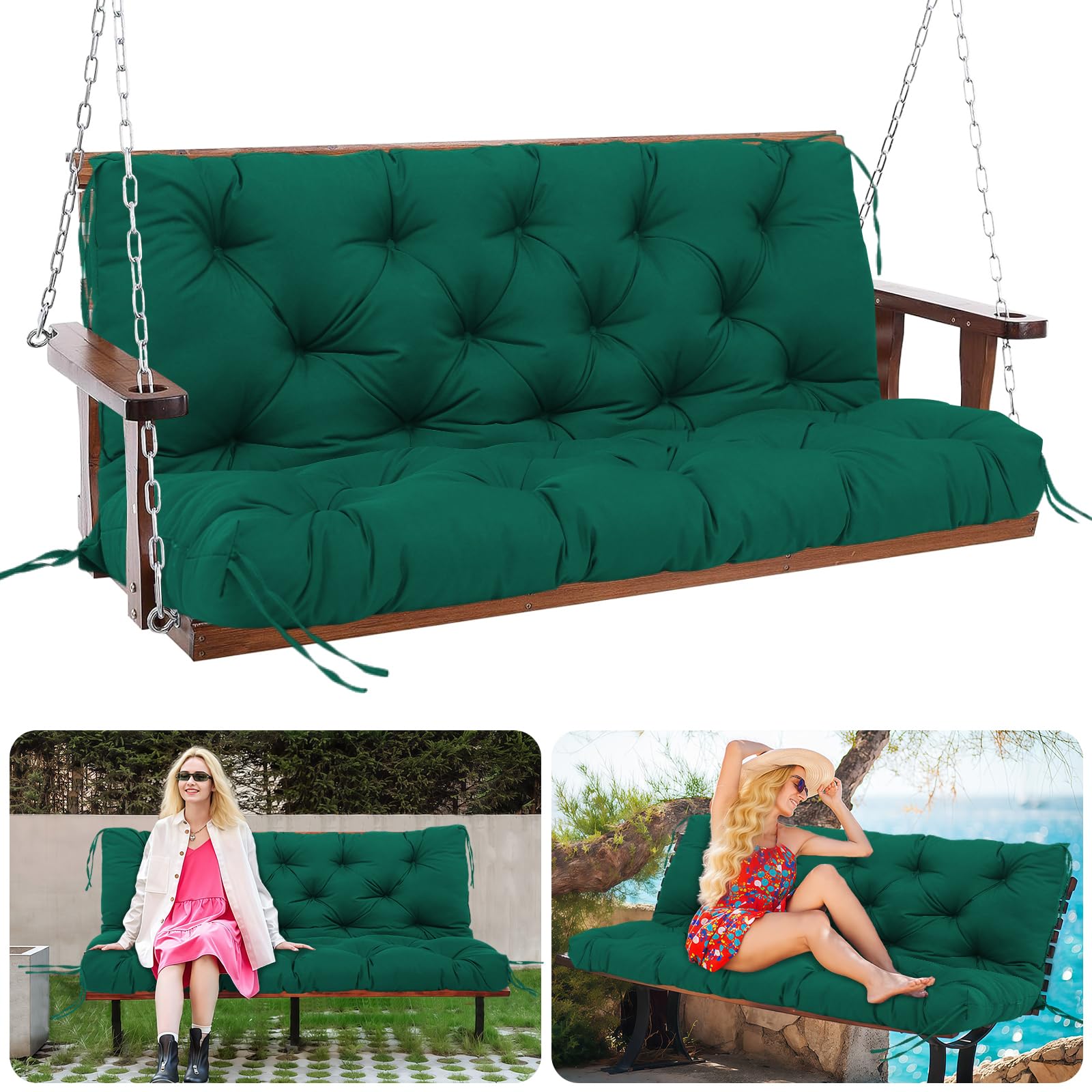 MQGHJ Garden Swing Cushions 3 Seater 150cm Outdoor Bench Cushions Waterproof 12cm Thick Swing Seat Cushions with Backrest Replacement Outdoor Swing Cushions for Patio Porch(Dark Green-150x100cm)