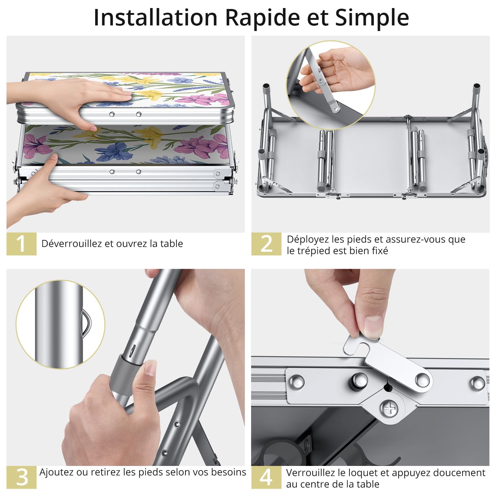Anbte Table de Camping Pliante, Pique-Nique Table Pliante avec Rangement Net Table Portable 3 Hauteur en Aluminium+MDF pour Extérieur/Intérieur Plage Camping (Fleur)