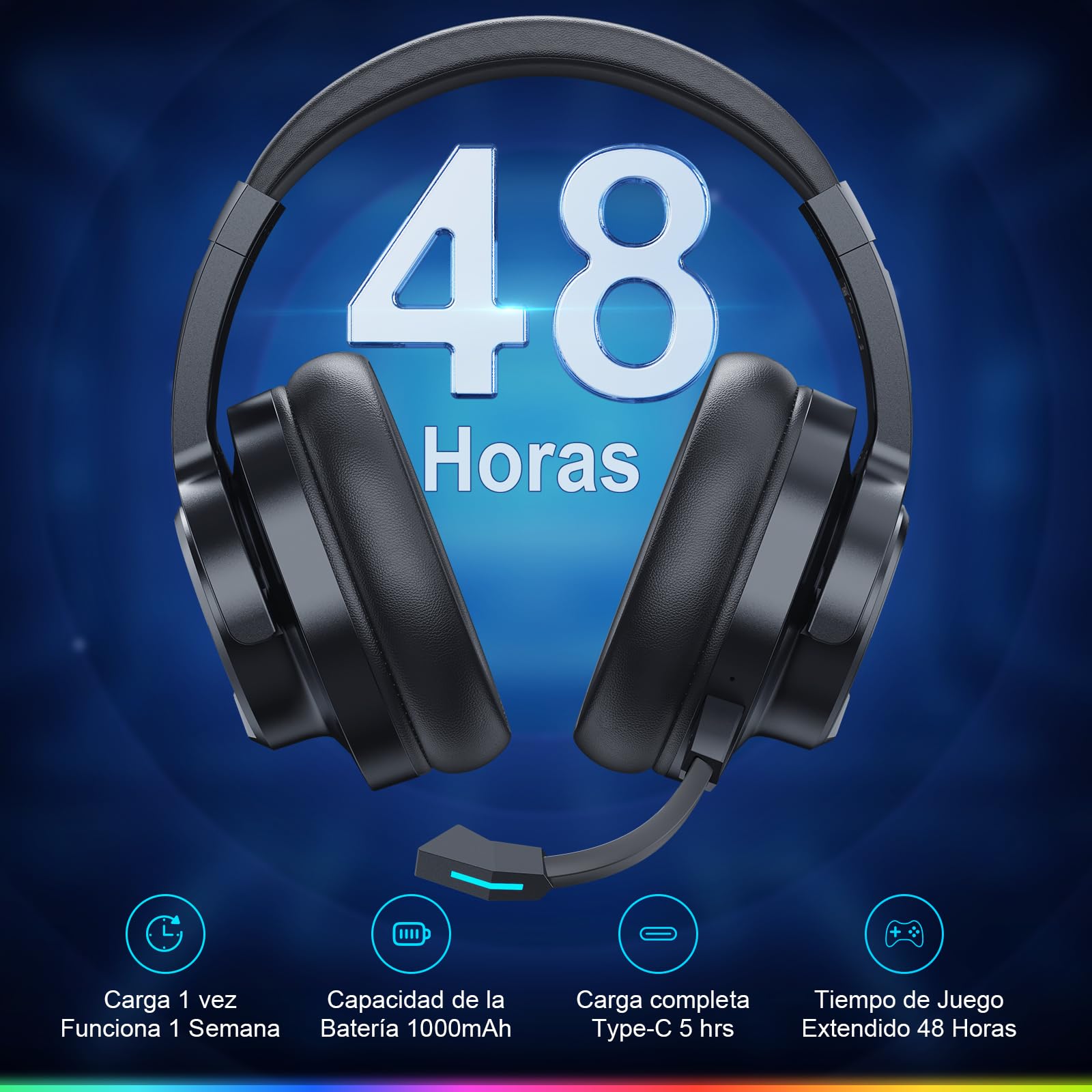 Krysenix PG3 2,4 GHz Cascos Gaming Inalámbricos para PS5, PS4, PC, Mac, Switch, Auriculares Inalámbricos Bluetooth 5.4 con micrófono Desmontable, 7.1 Sonido Envolvente, Duración 48Hr, Luz LED