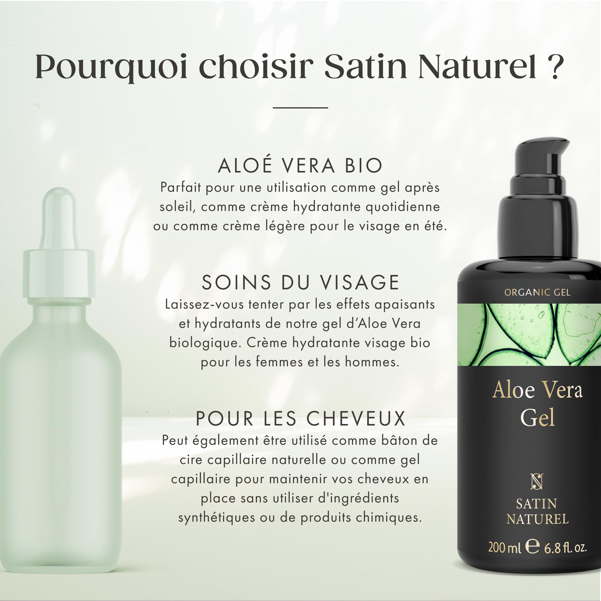Satin Naturel Gel Aloe Vera Bio 200 ml – 100% Vegan & Cosmétique Naturelle – Gel d’Aloe Vera Concentré – Avec Acide Hyaluronique & Panthénol – After Sun & Soin Hydratant Visage, Corps & Cheveux