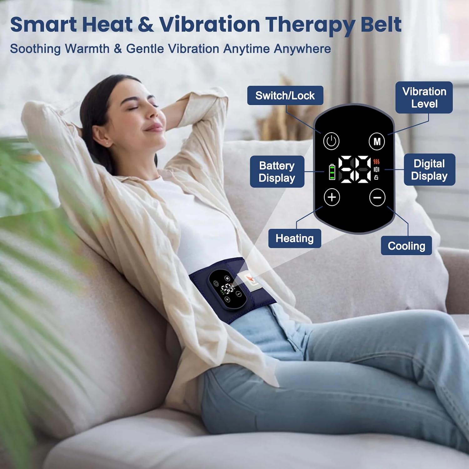 Cordless Heating Pad for Back Pain Relief,40" Rechargeable Lumbar Massager with Heat, Adjustable Vibration & Heating Belt for Waist, Abdomen, Muscle Relaxation - Portable and Comfortable (Dark Blue) - Image 4