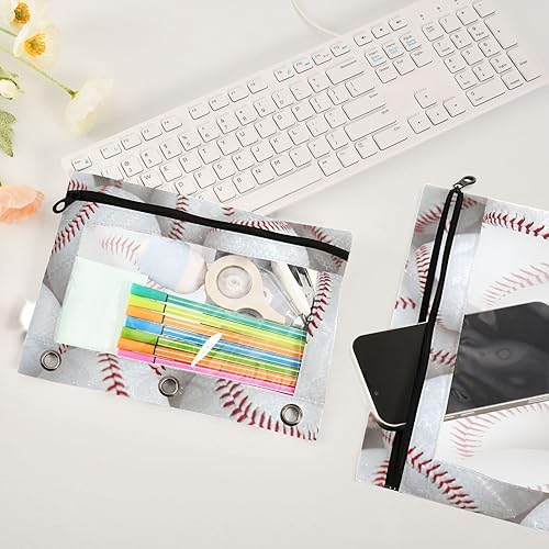Miniatura 3 de Group of Baseballs - Estuche para lápices para 3 anillas, con bolsillo transparente para ventana, estuche para lápices con cremallera suave para