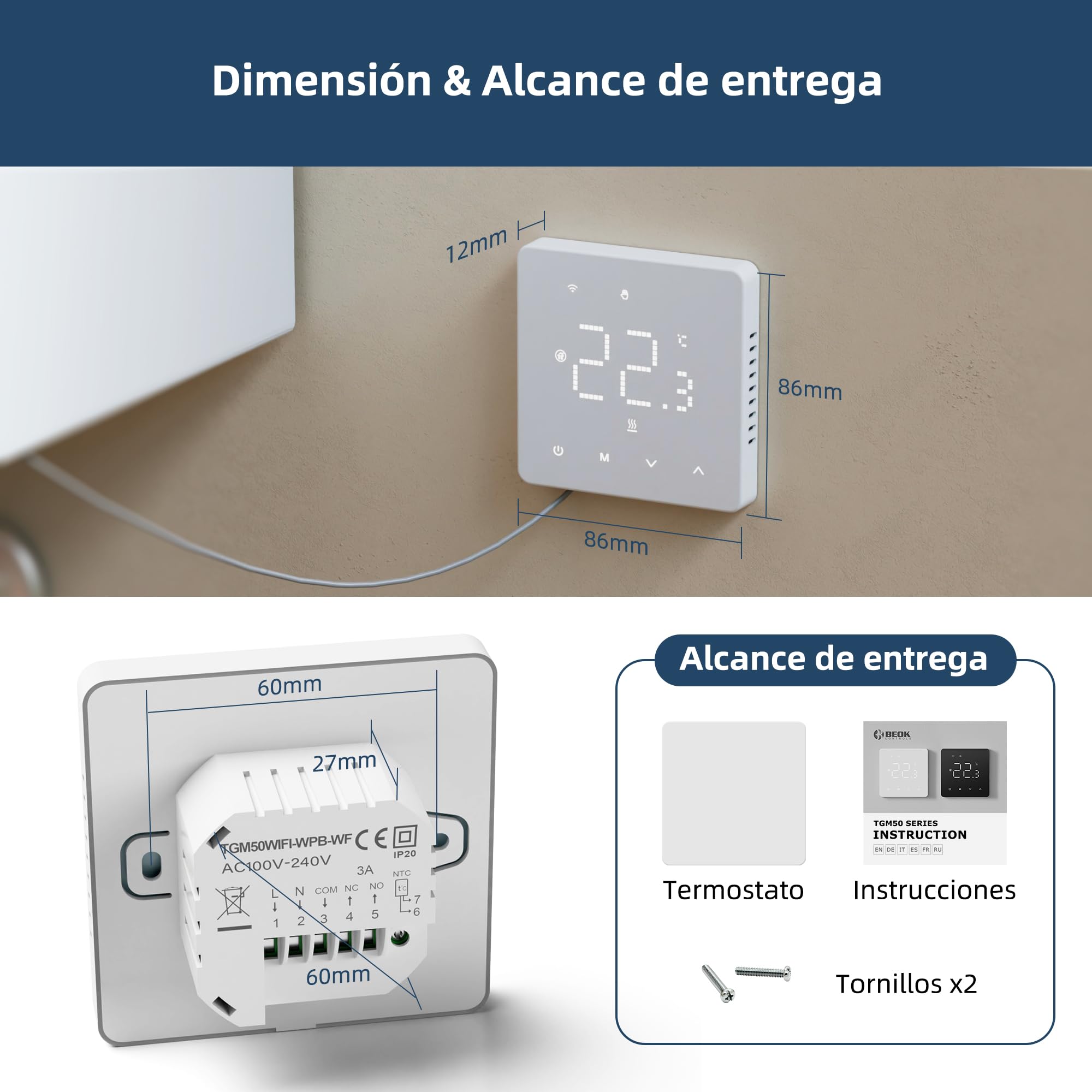 BEOK CONTROLS Beok Termostato Calefaccion WiFi Compatible con Alexa,Google,Termostato Digital Inalambrico Calefaccion para Calderas de Gas Natural Agua TGM50-WIFI