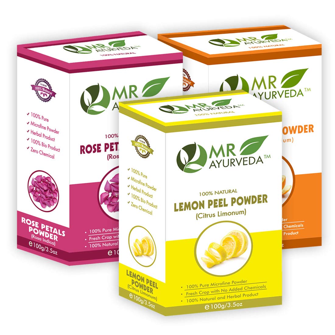 MR Ayurveda 100% Organic Rose Petals Powder, Lemon Peel Powder & Orange Peel Powder - Pack of 3 (100 Grams Each)