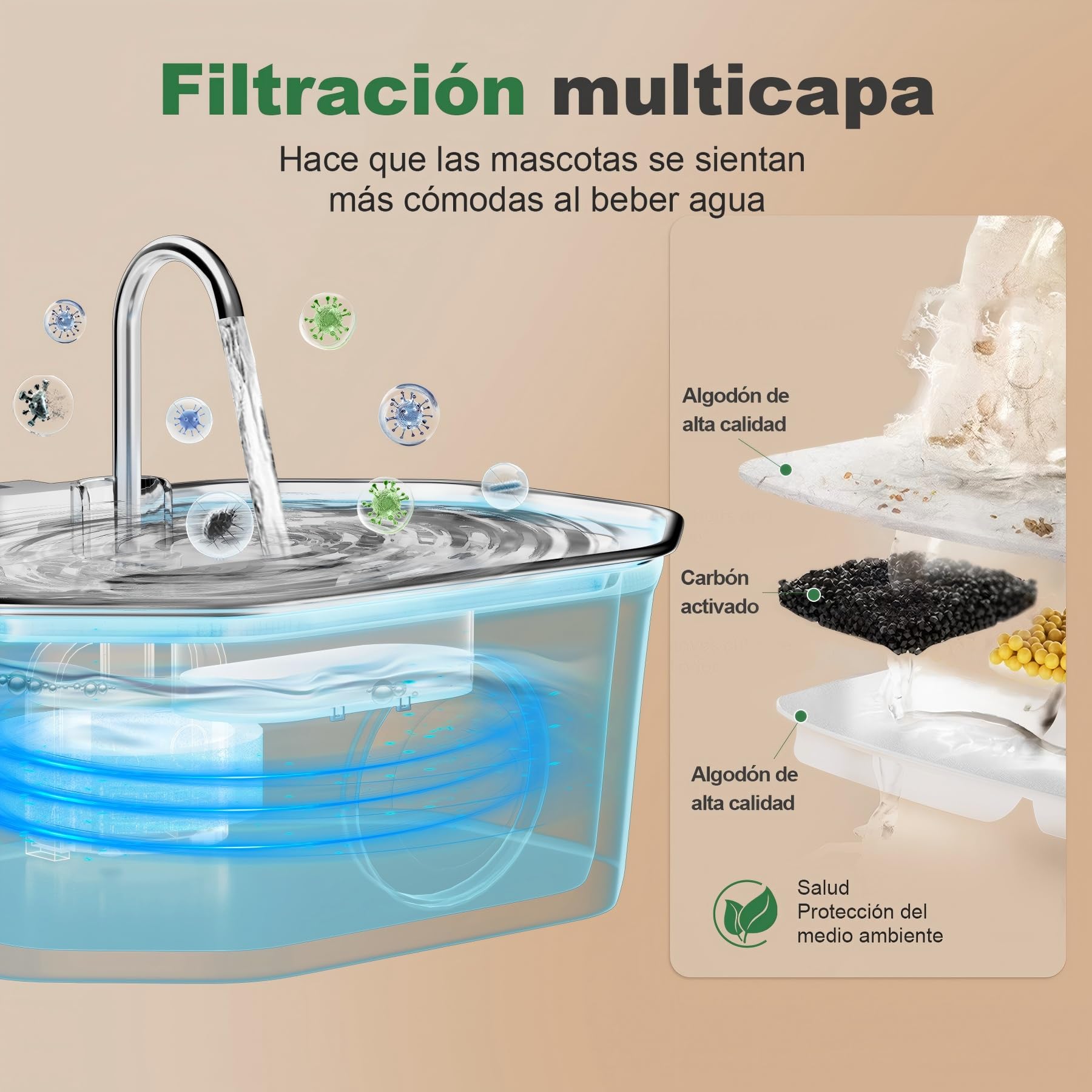Apauk 3.2L Fuente para Gatos Acero Inoxidable, Bebedero Gatos, Silencioso Fuente de Agua para Gatos y Perros pequeños, con Ventana LED, Sistema de Filtro Multicapa(2 Filtros & 2 Esponjas)