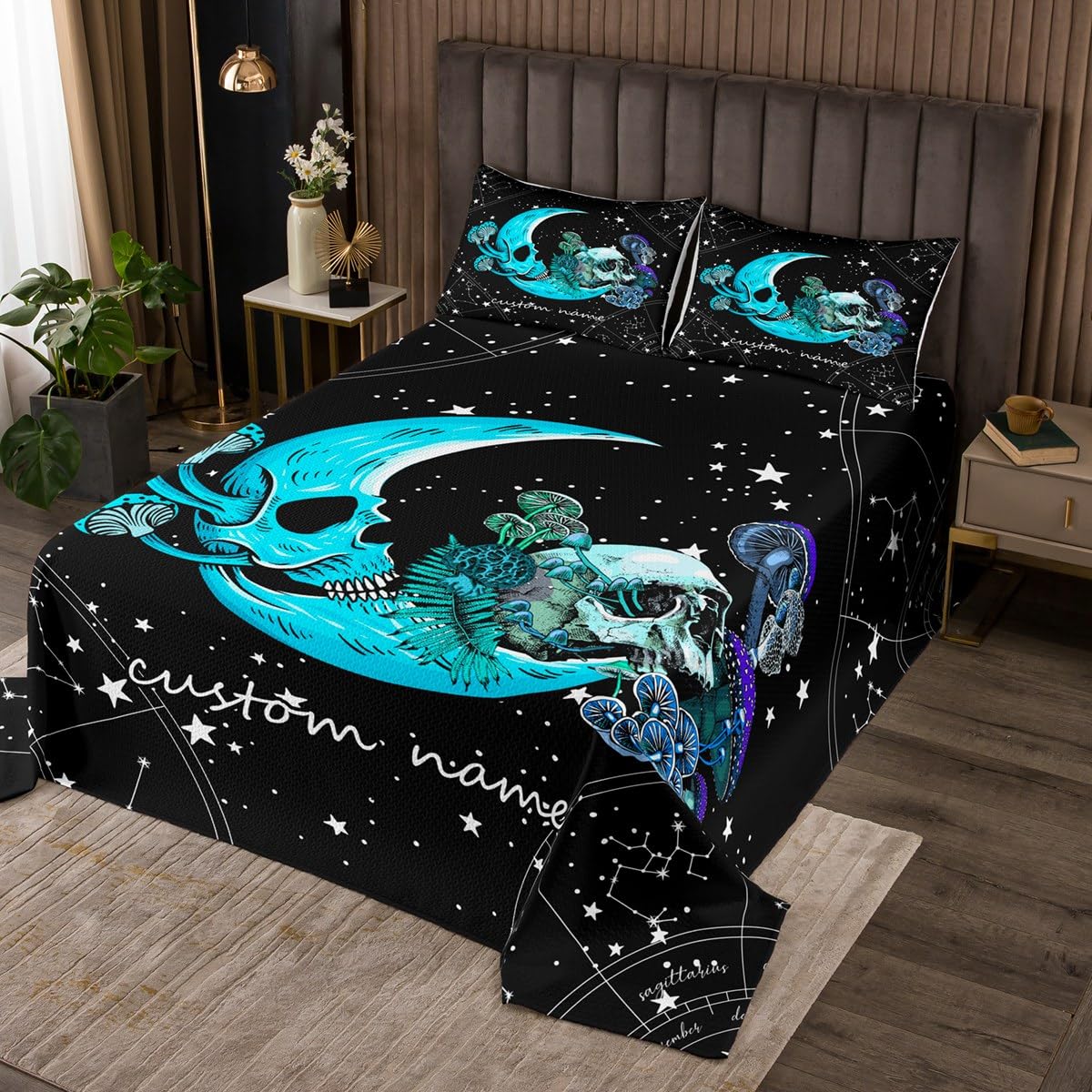 Erosebridal Blue Moon Coverlet King Size Personalized Custom Bedding Set, Gothic Skull Bedspread Set Hippie Mushroom Quilt Set, Stars Galaxy Astrology Bed Set Black and Blue Decoratives 3 Pieces