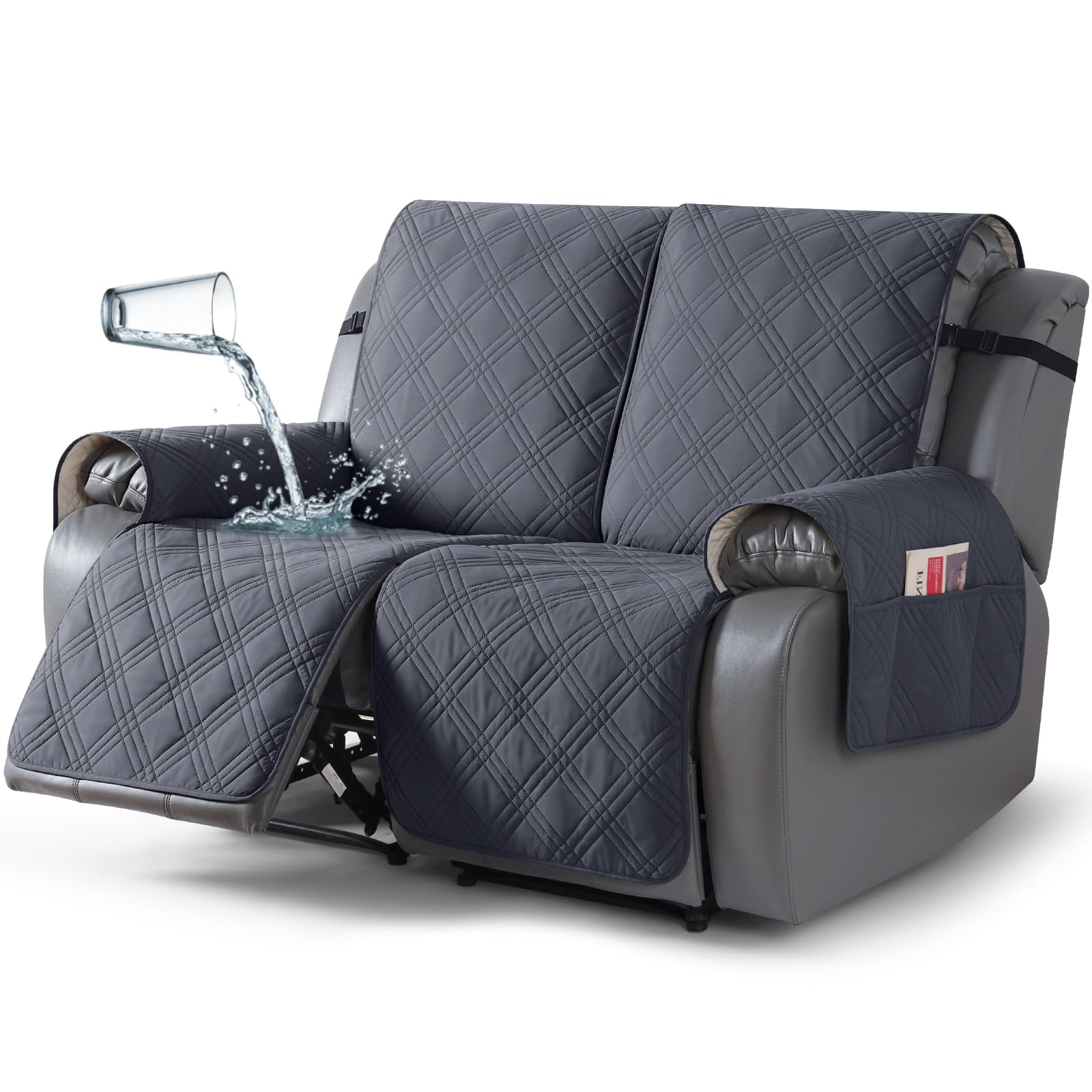 TAOCOCO 100% Waterproof Recliner Loveseat Covers 2 Seater, Split Loveseat Covers for Reclining loveseat, Non Slip Reclining Couch Cover with Double Straps for Kids, Pets(2 Seater, Dark Grey)