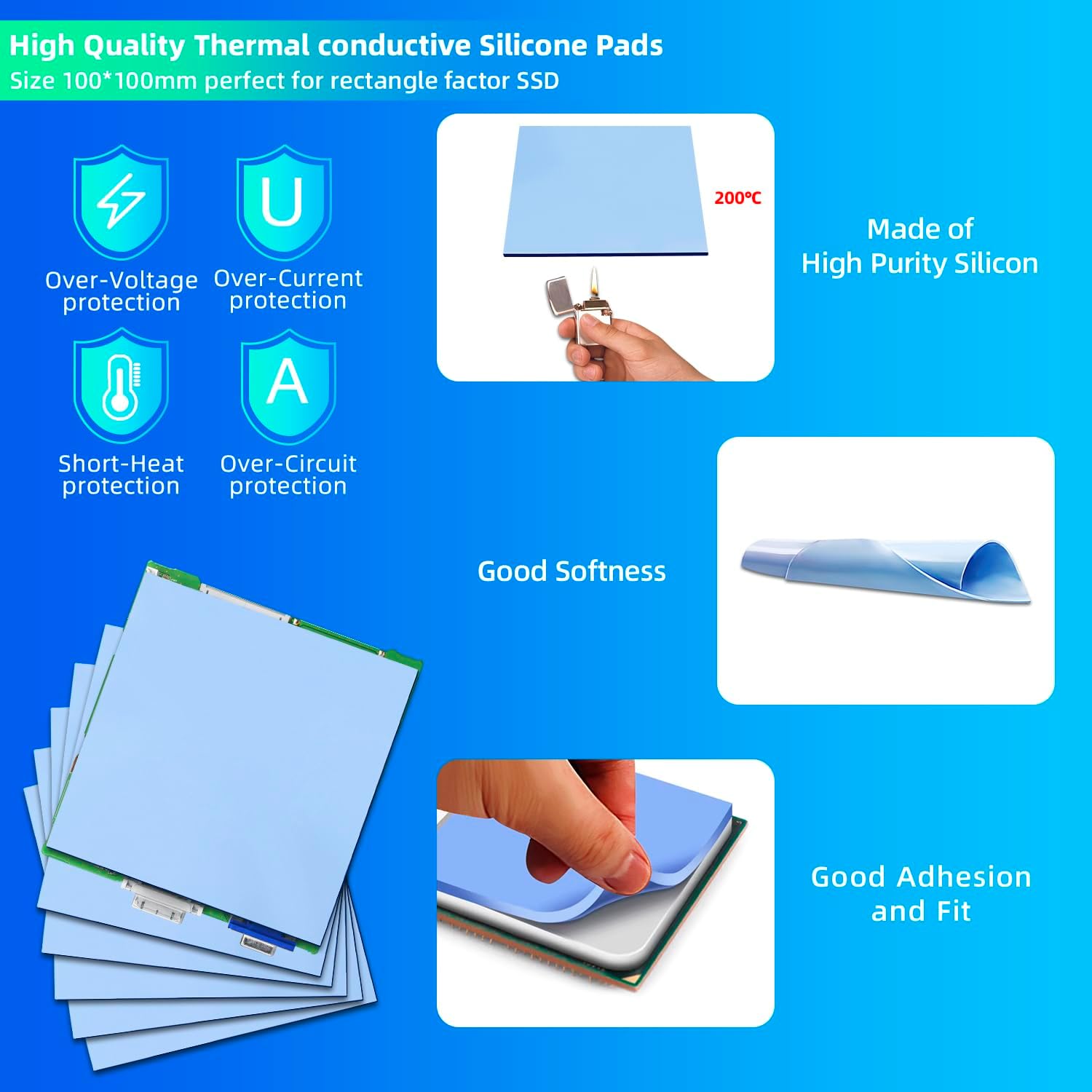 8PCS 100x100mm Heat Resistant Silicone Thermal Pads for Laptop Heatsink CPU GPU SSD LED Cooler 0.5mm/1mm/1.5mm/2mm Thickness（2PCS/Each）