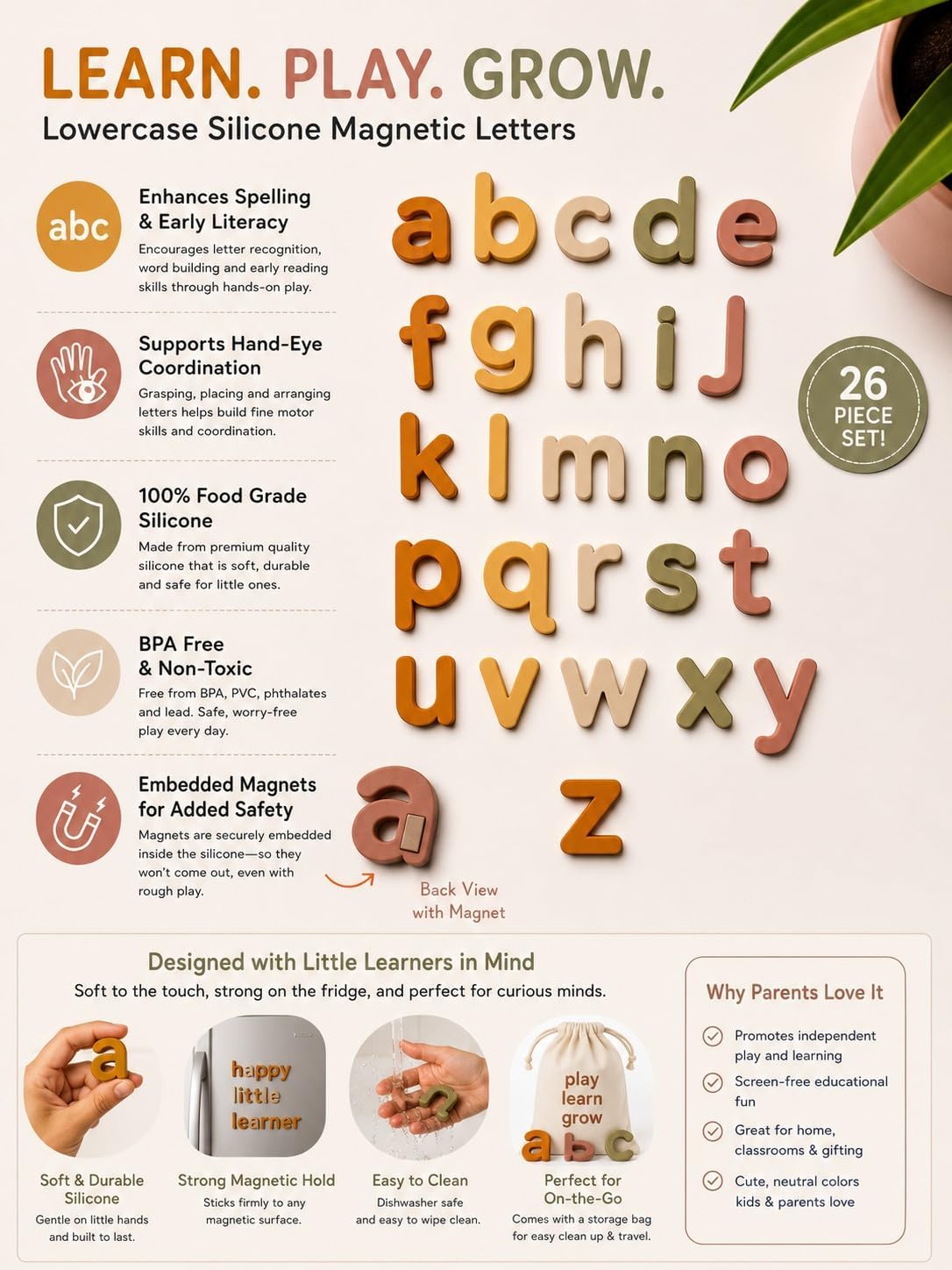 Neutral Lowercase Aphabet Magnets. Silicone Alphabet Magnetic Letters, 26 Piece Non Toxic Learning Set, Perfect for Refrigerator, Whiteboard and Educational Activities. ABC fridge magnets for toddlers image 2