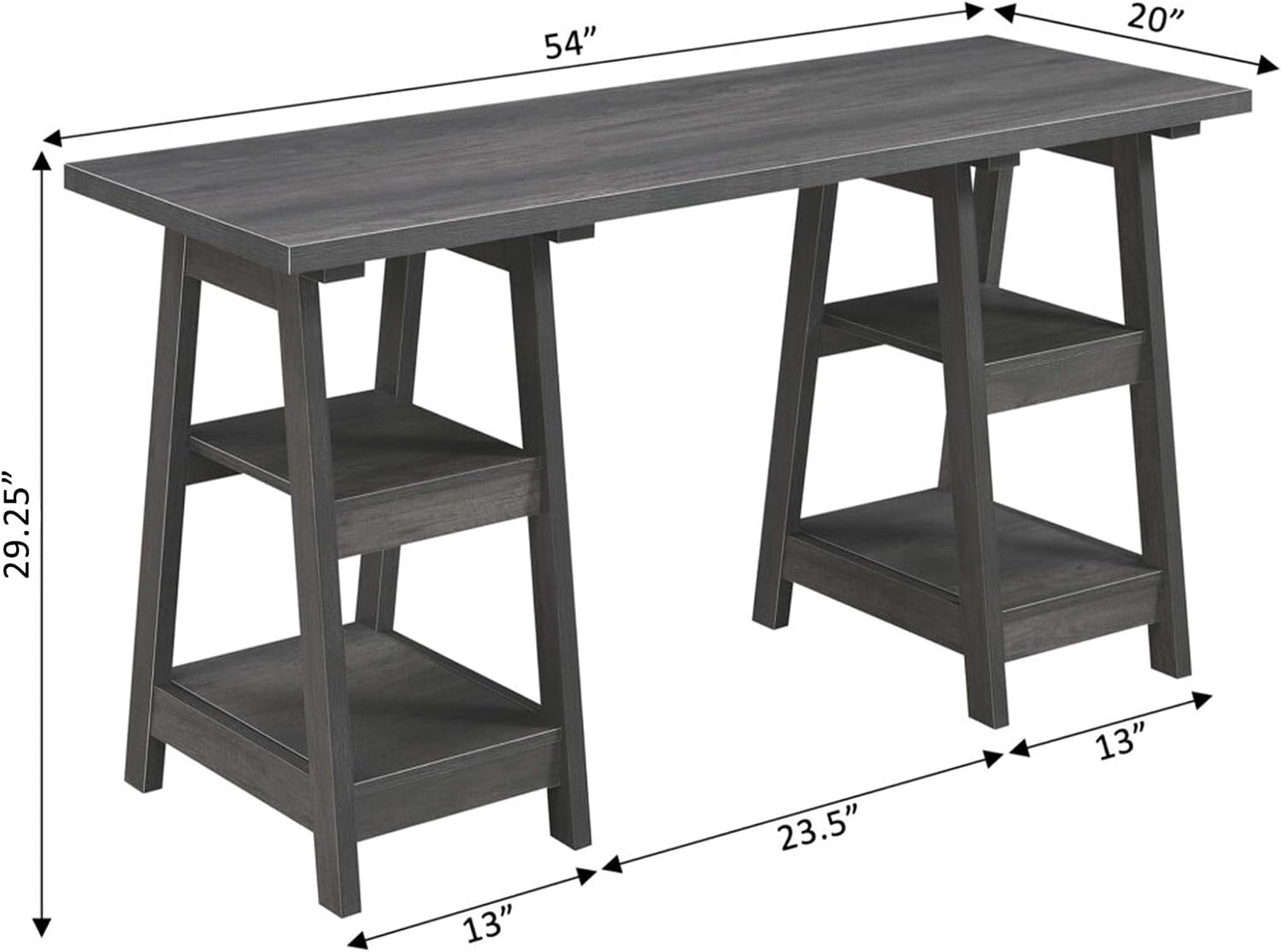 Convenience Concepts Designs2Go Double Trestle Desk with Shelves, Charcoal Gray