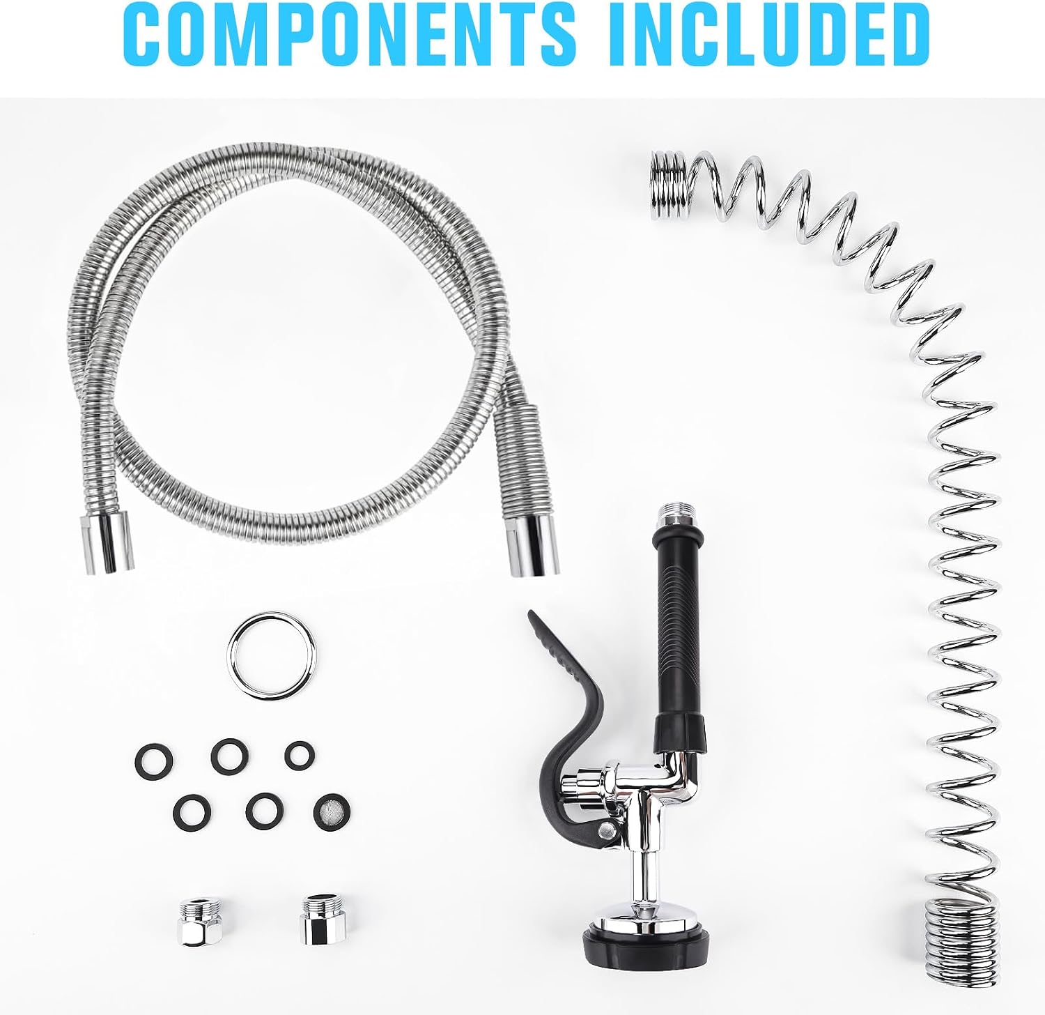 Spray Valve with 60" Flexible Stainless Steel Hose & Pre-Rinse Overhead Spring, Commercial Faucet Flexible Hose with Spray Head Replacement Kit for Commercial Restaurant Industrial Kitchen Sink Faucet