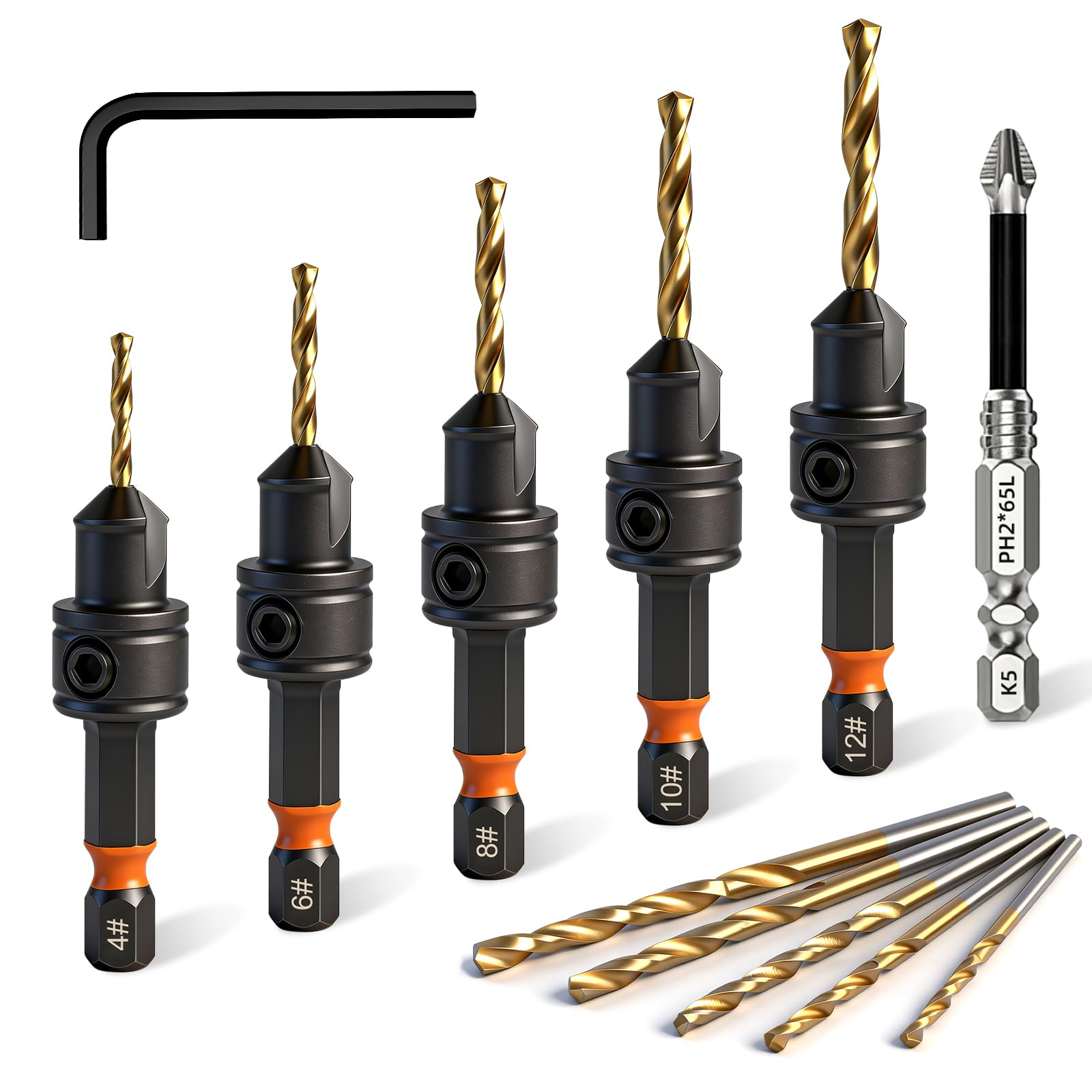 Woodworking Countersink Drill Bits Set, 12 PCS Counter Sink Drill Bits Fitted With a Phillips Screwdriver Bit For #4、#6、#8、#10、#12 Screws, for Drilling Holes in Wood, Composite Panels, and Plastics