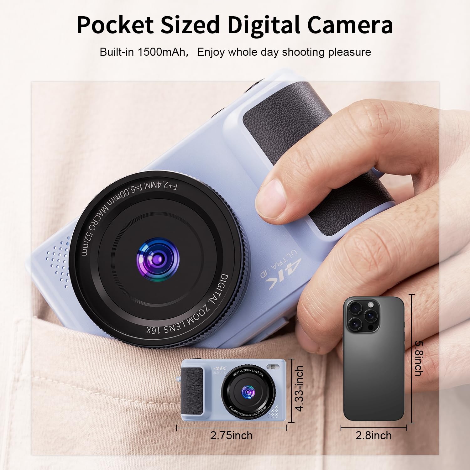 ARNSSIEN Aparat cyfrowy 4K, Odchylany ekran 180°, Zoom 16X | Kompaktowy aparat 2,8 cala z baterią 1500mAh, nagrywanie do 2h, wygodny design podróżny, Y1