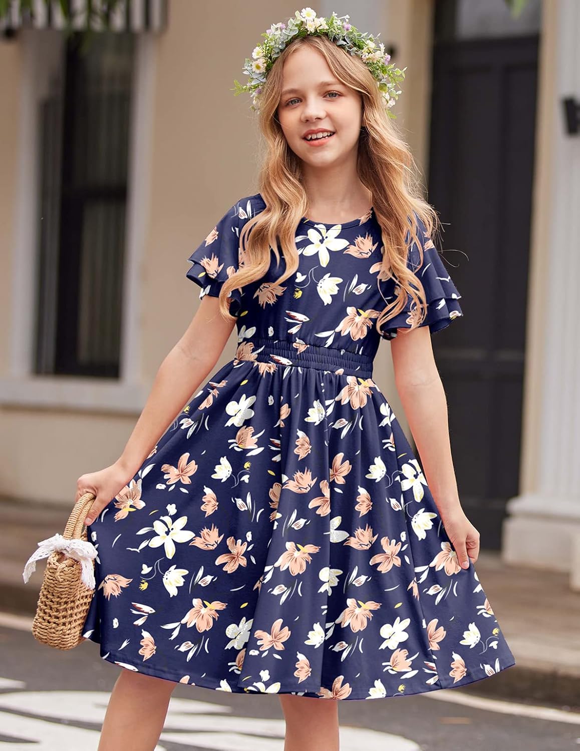 Arshiner Girl's Casual Dress Summer Scoop Neck Short Sleeve Flowy Print and Plain Sundress for Kids 4-14Y - Image 5