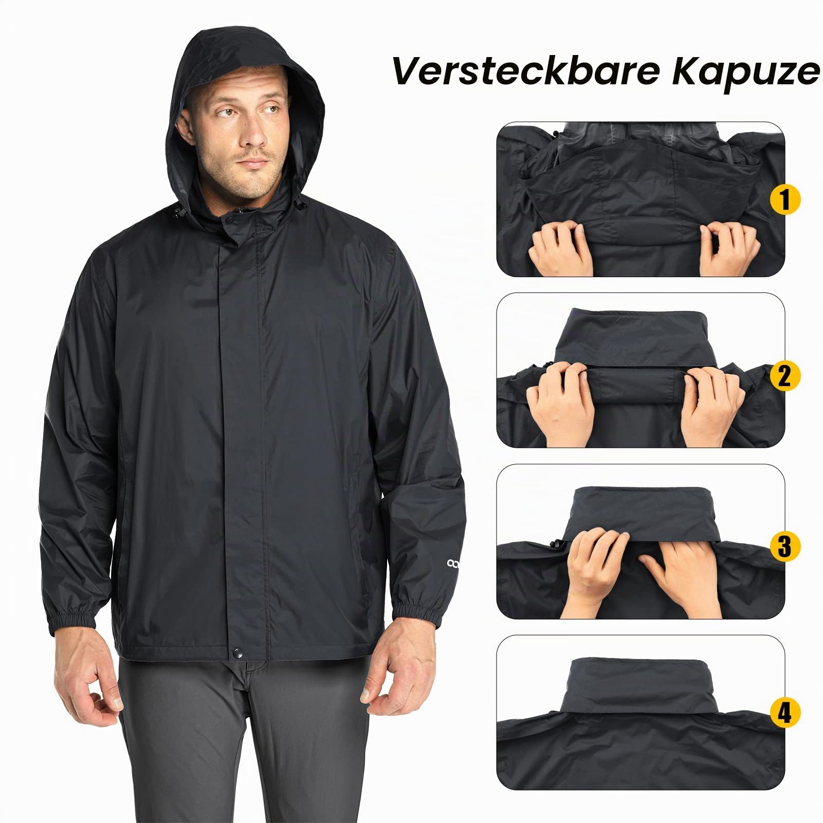 Regenjacke Herren Leicht Wasserdicht Faltbare Regenmantel mit Kapuze 33000ft
