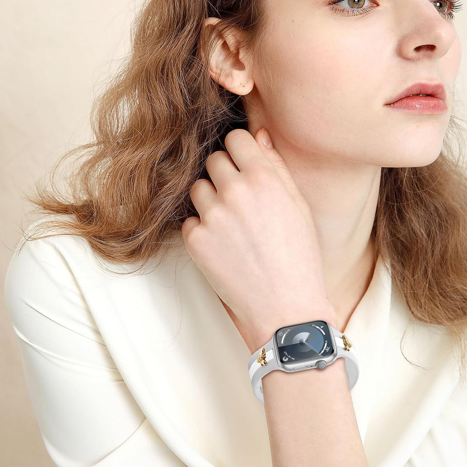 Silicone Strap for Apple Watch Bands 40mm 38mm 41mm 42mm, Stylish Bracelet with Gold Honey Bee Charms for iWatch Series 11 10 9 8 7 6 5 4 3 SE, Designer Sport Wristbands for Apple Watch Bands Gray White - Image 7