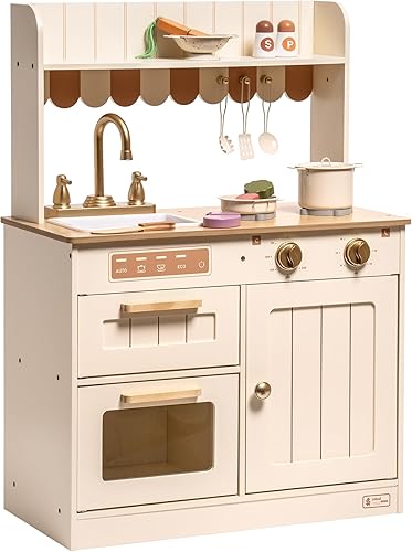 Miniatura 7 de ROBUD Juego de cocina de madera para niños, juego de juguetes de cocina con grifo dorado, fregadero, horno, estufa, gabinete, estilo vintage, regalo