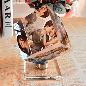 Customized 3D Rotating Crystal Glass Cube Photo Frame 3-Photo Spinning Custom Crystal Pitcure Frame Personalized Keepsake Display for Weddings Birthdays Christmas Gift Clear, 1.97in / 5cm