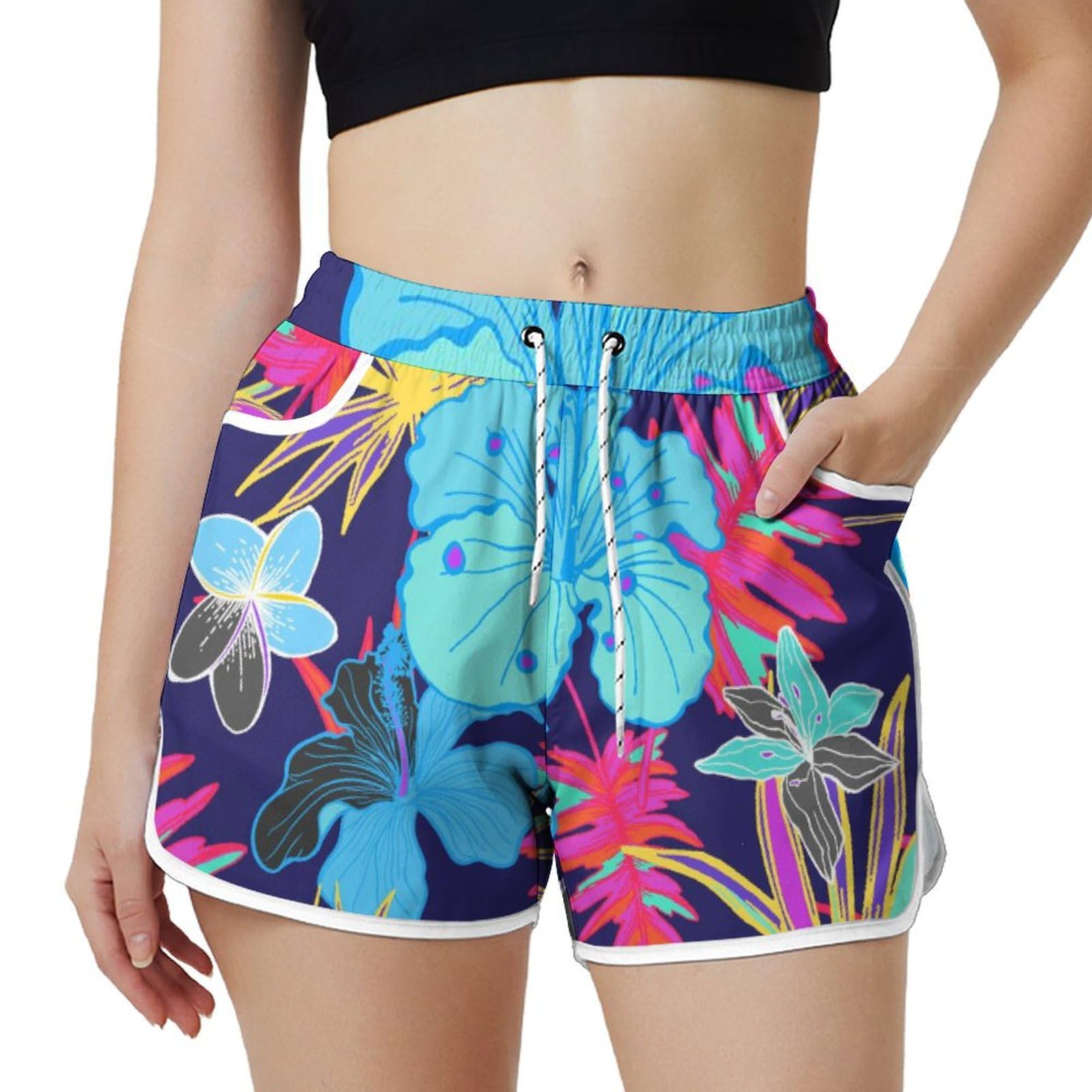AYUNIX Women's Running Shorts with Pockets Quick Dry Performance Shorts for Women Hawaiian Flowers Athletic Workout Shorts White