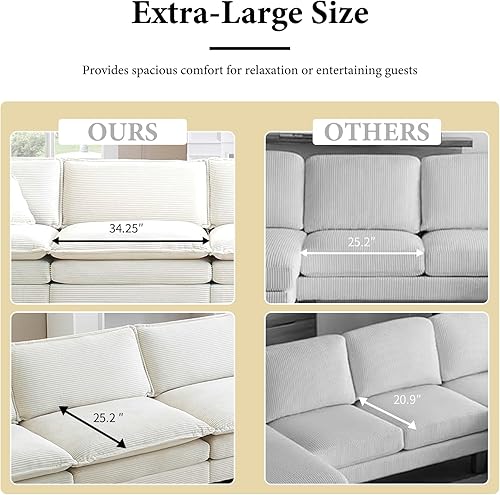 Miniatura 5 de Sofás seccionales grandes de 115.34 pulgadas para sala de estar, sofá seccional de pana beige blanco de asiento profundo de 3 plazas, sofá seccional