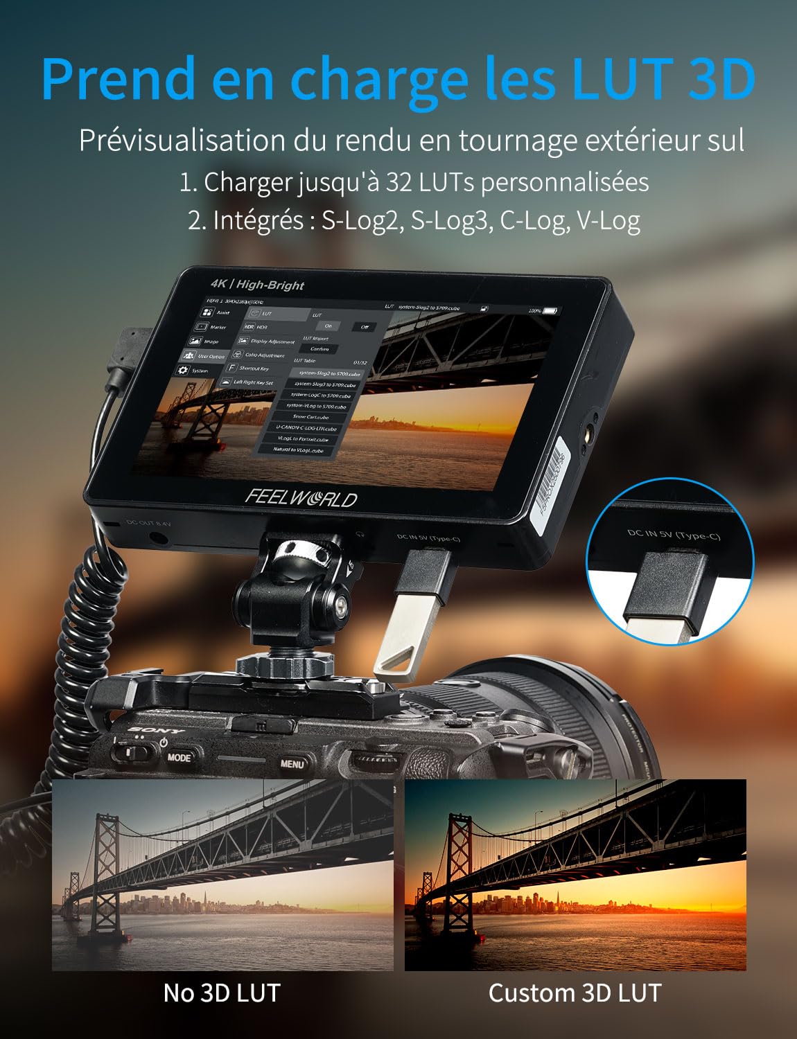 FEELWORLD F5PROX Caméra Moniteur de Terrain Écran Tactile 1600Nit 5,5 Pouces 4K HDMI DSLR Video Camera Monitor avec Batterie F750 Sacoche pour caméra Entrée de Type C 3DLUT Focus Peaking Histogramme