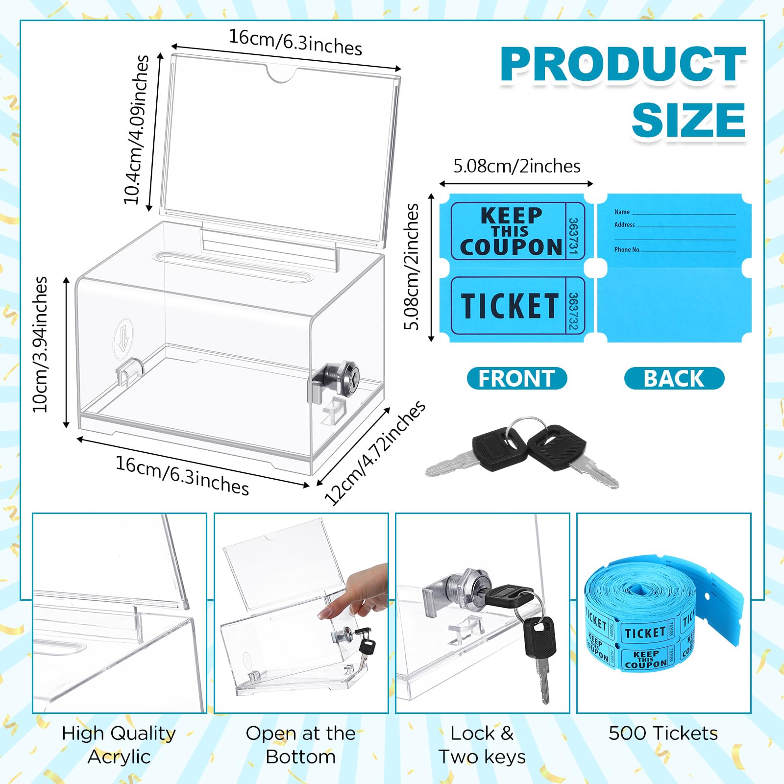 Havawish Caja de rifa transparente con cerradura con 500 boletos de rifa, caja de donación de acrílico de doble rollo con cerradura de 6.3 x 4.7 x 3.9 pulgadas, contenedor con 2 llaves para juegos de