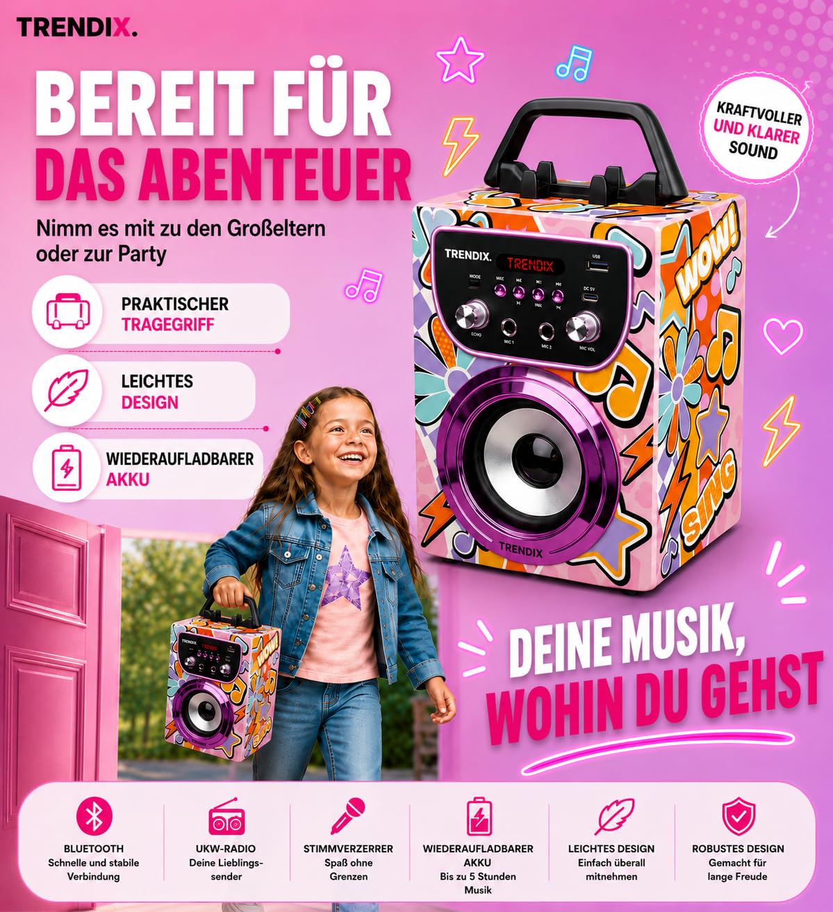 Trendix - Karaoke Maschine Kinder Magic Melody | Karaoke Anlage Mit 2 Mikrofonen | Musikbox Kinder Radio Fm, USB, Bluetooth Und Sd | Kinder Musikbox | Geschenk Mädchen 6 Jahre