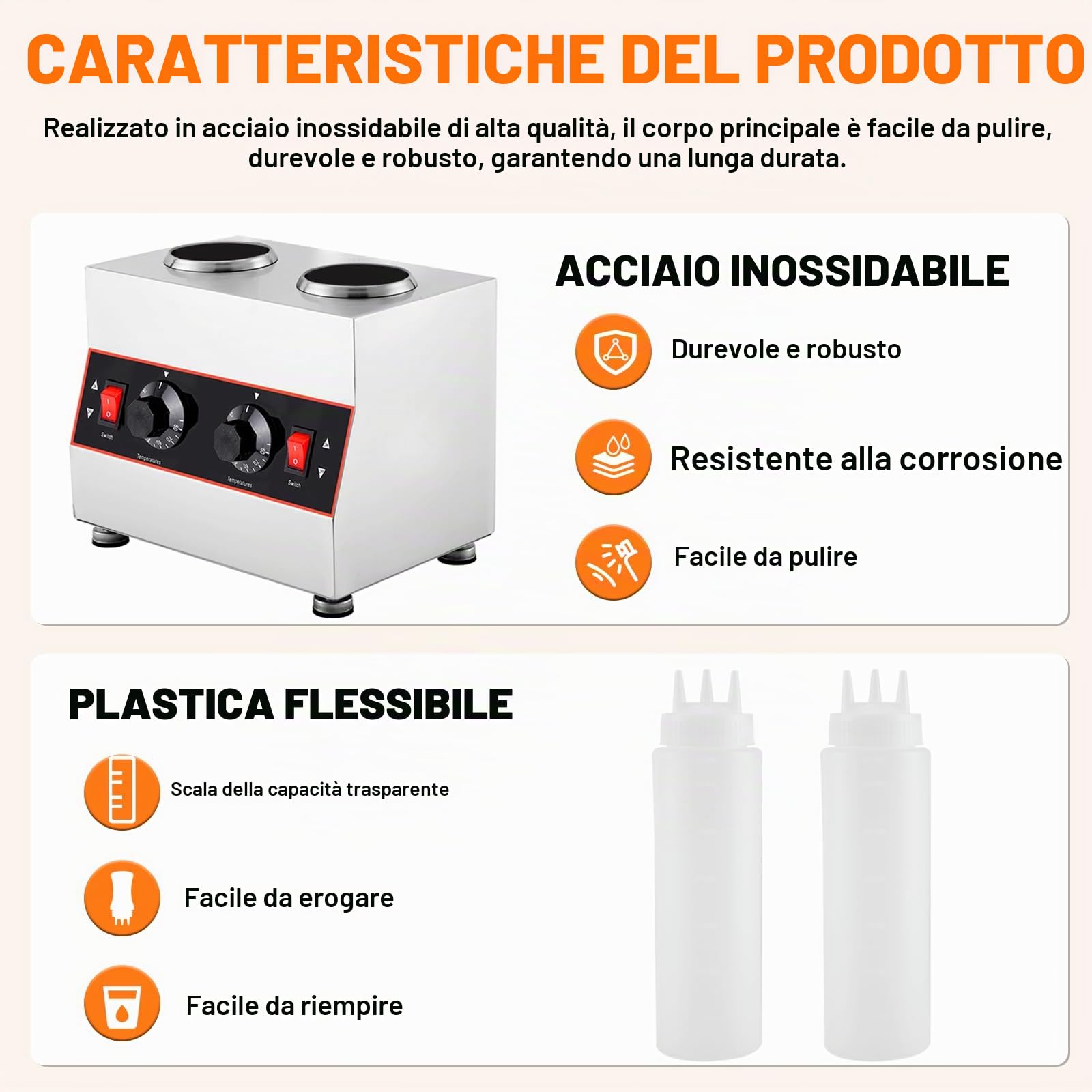 YUCHENGTECH Scalda Salsa Elettrico con 2 Bottiglie Temperatura 30-85 °C | Distributore di Salse in Acciaio Inox Scalda-salse Commerciale per Cioccolato, Formaggio, Ketchup e Caramello 320W