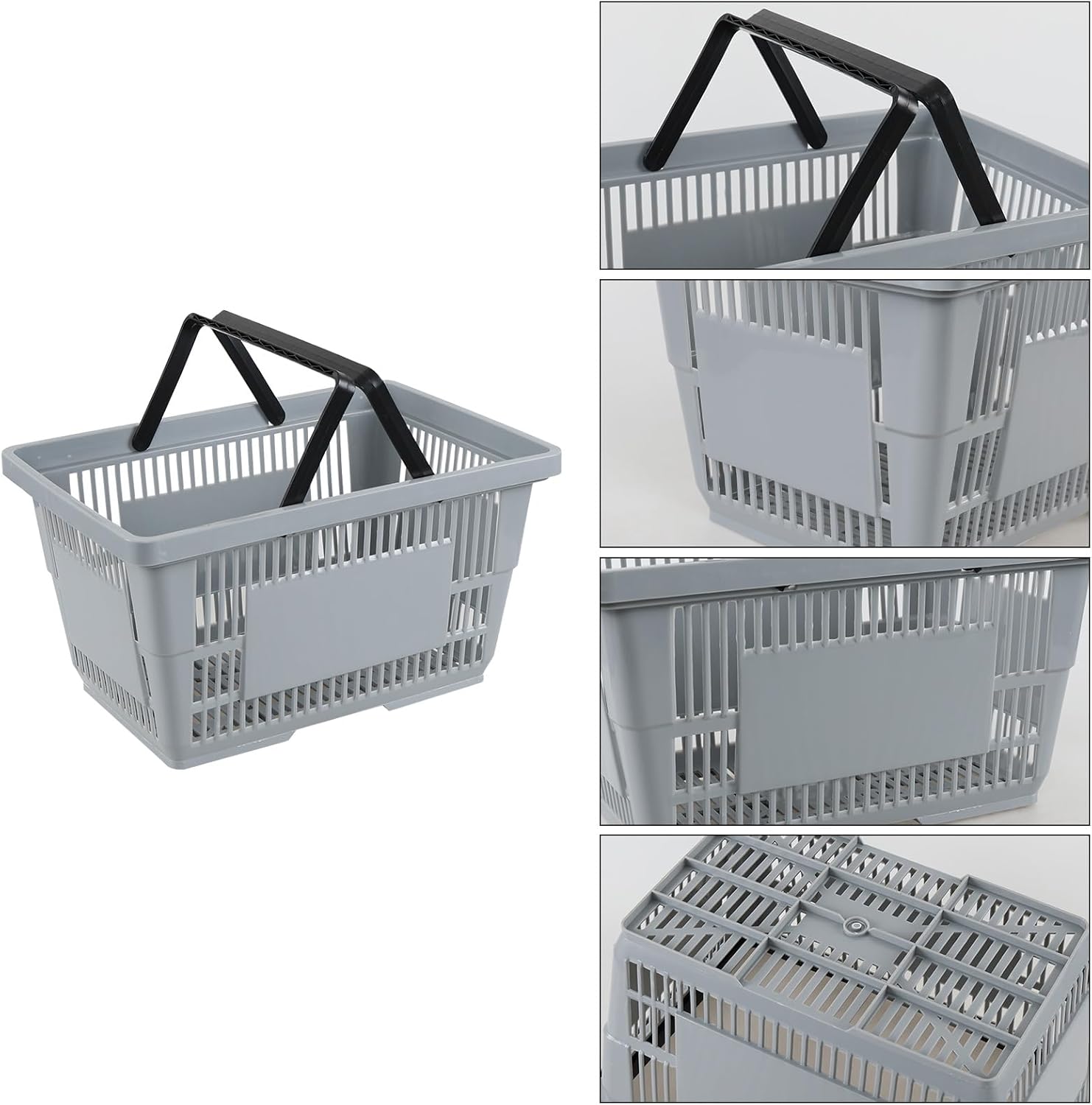 6-Pack Grey Shopping Baskets with Handles, Plastic Grocery Shopping Basket, 28 Liters