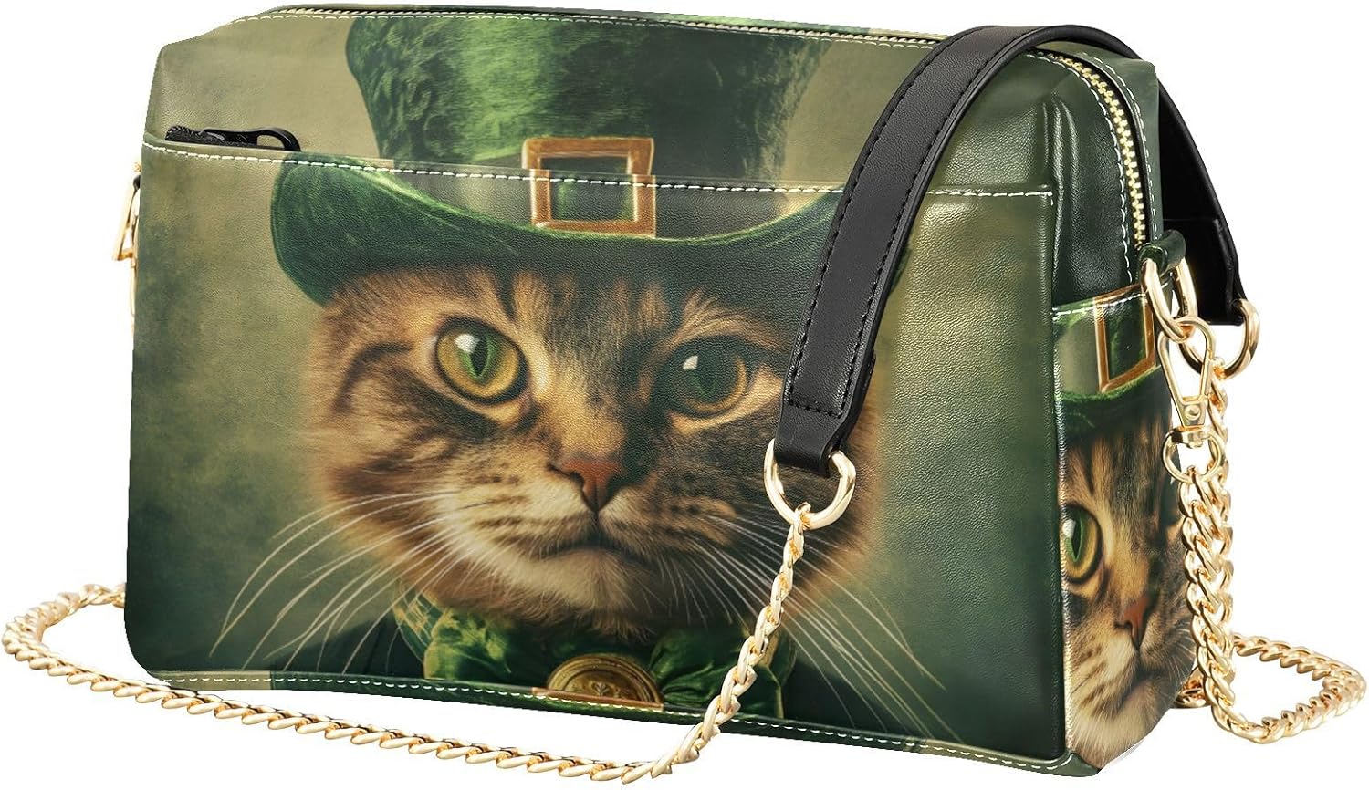 Saint Patrick’s Day Cat Women's PU Leather Crossbody Bag Shoulder Handbag Cellphone Purse with Metal Chain Strap Water Resistant Zipper Closure